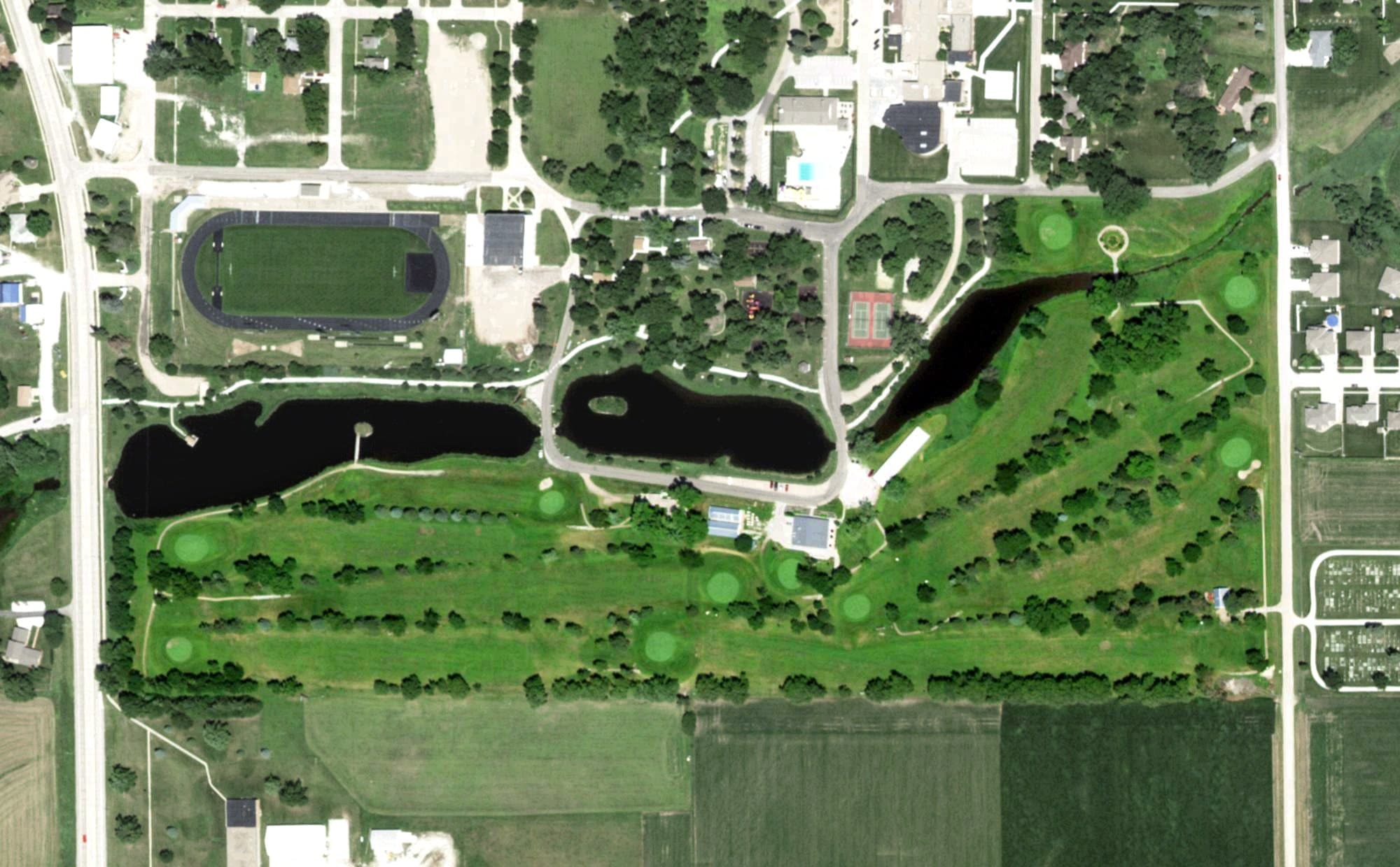 Aerial view of David City Golf Club, NE, with its hole routing marked