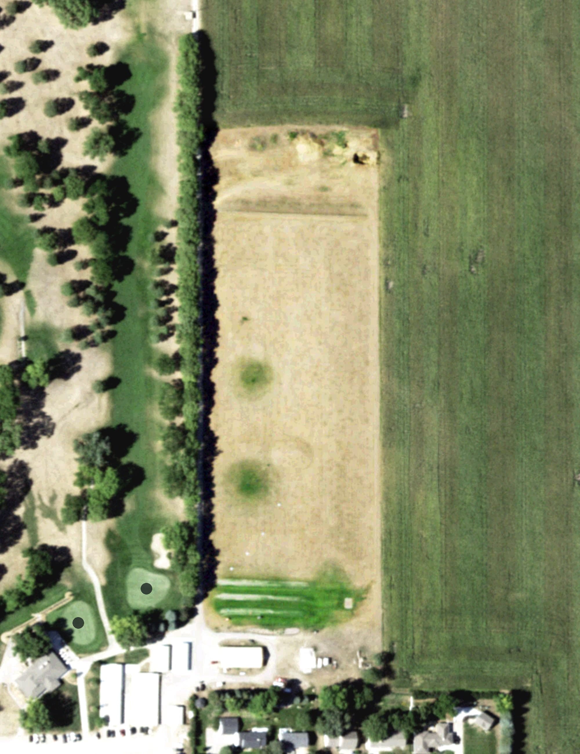 Aerial view of Driving & Practice Range, NE, with its hole routing marked