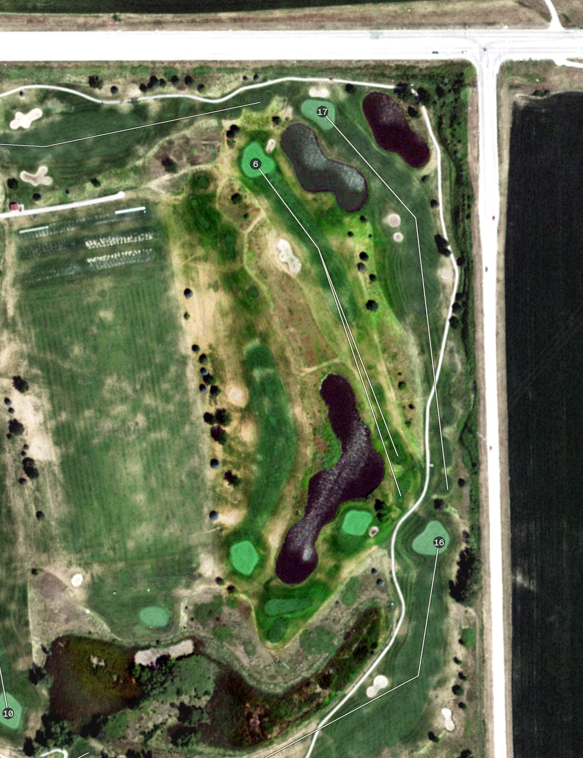 Aerial view of Eagle Hills Academy Golf Course, NE, with its hole routing marked
