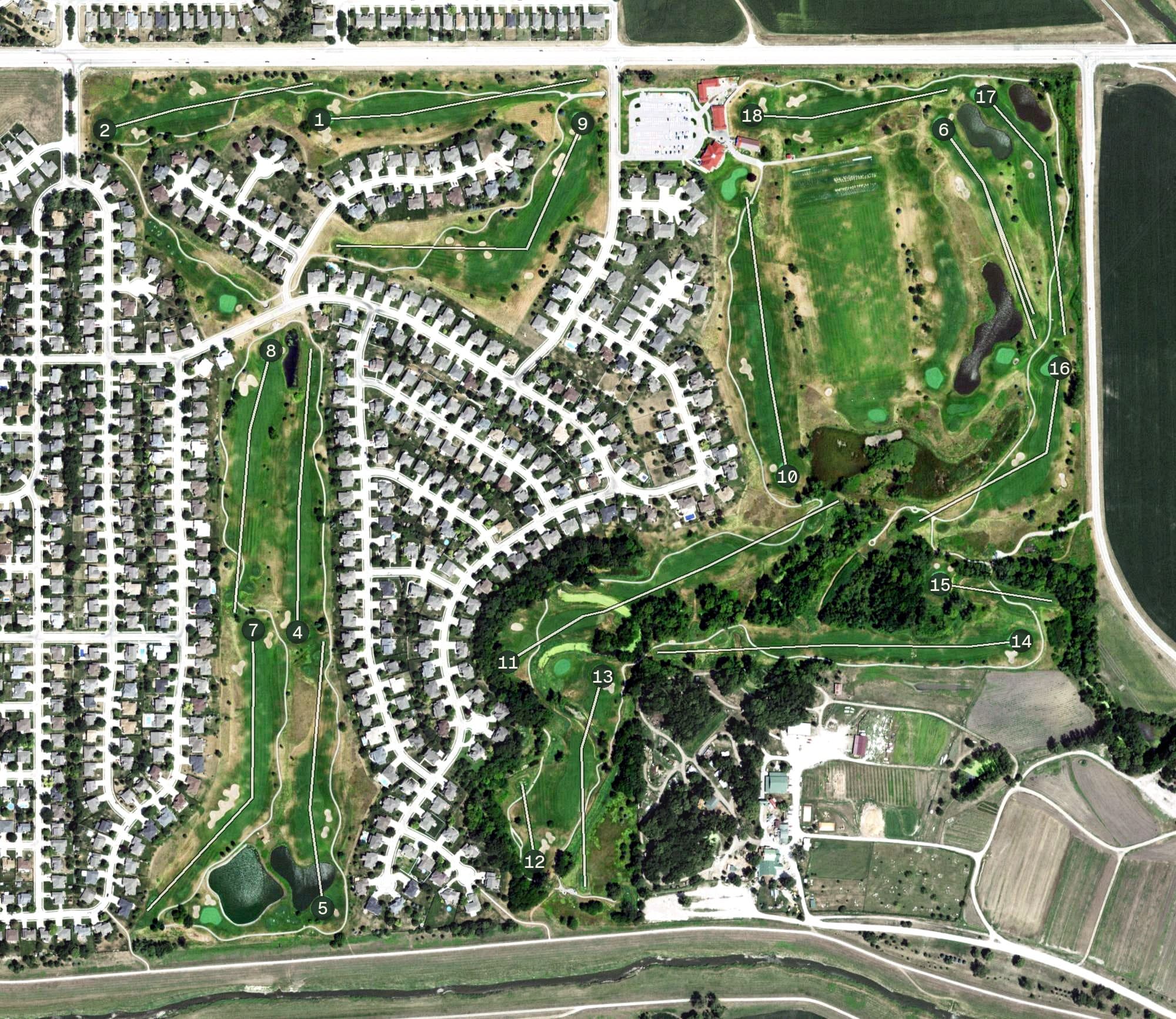 Aerial view of Eagle Hills Golf Course, NE, with its hole routing marked