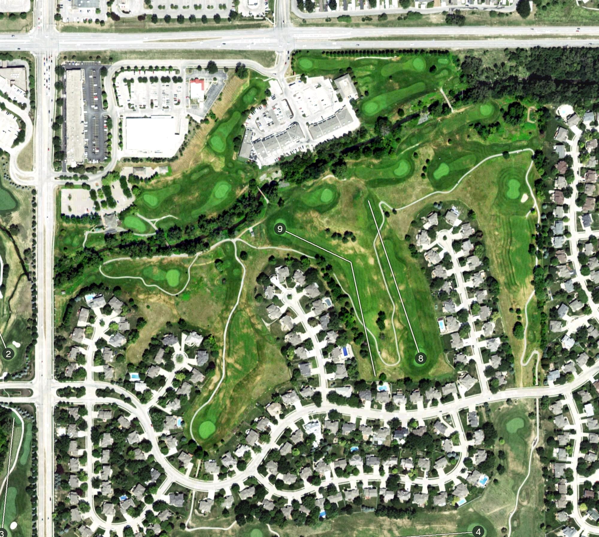 Aerial view of Eagle Run Golf Course, NE, with its hole routing marked