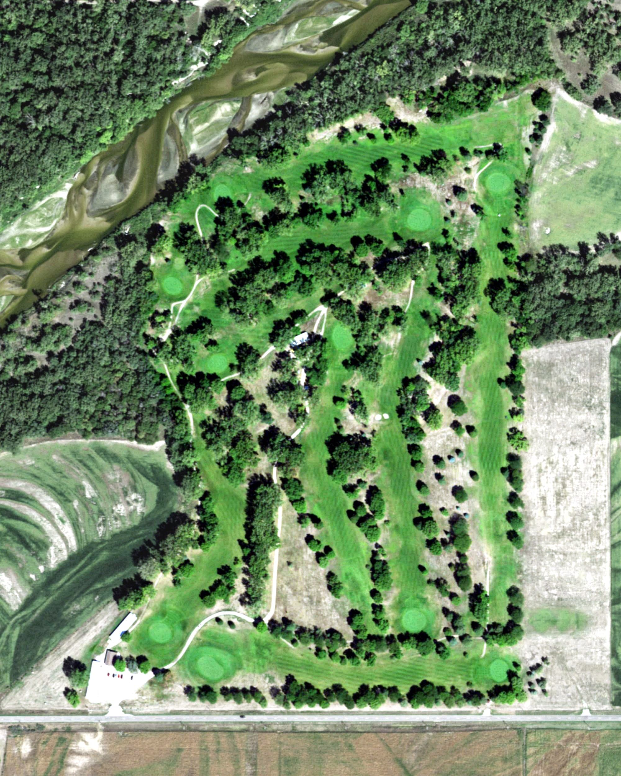 Aerial view of Elkhorn Acres Golf Course, NE, with its hole routing marked