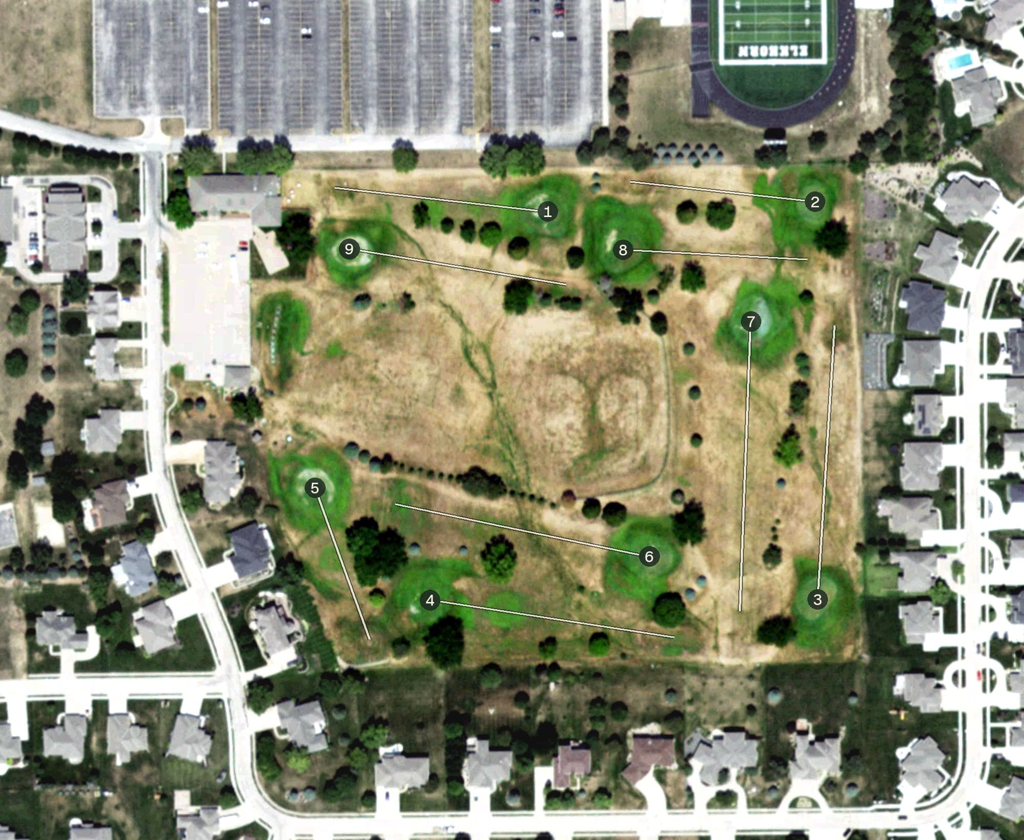Aerial view of Elkhorn Ridge Golf Course, NE, with its hole routing marked