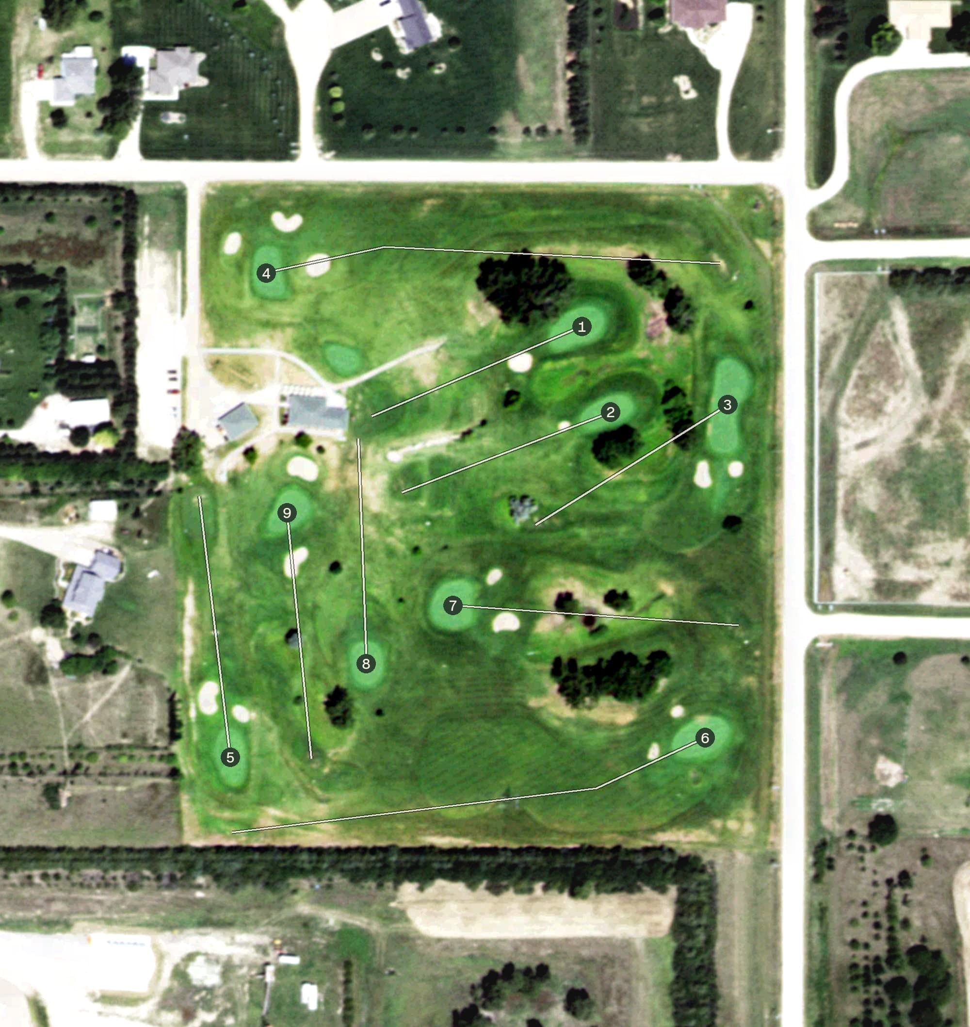 Aerial view of Elks Country Golf, NE, with its hole routing marked