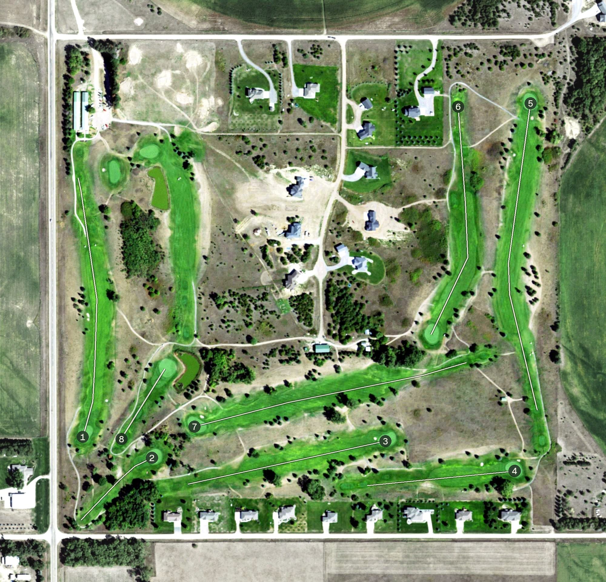 Aerial view of Evergreen Hills, NE, with its hole routing marked