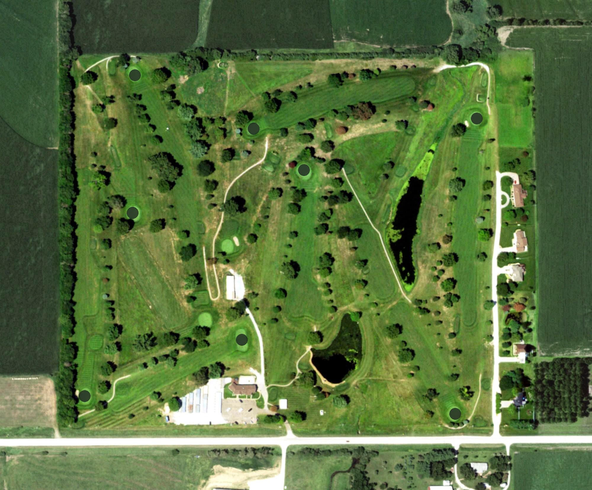 Aerial view of Falls City Country Club, NE, with its hole routing marked