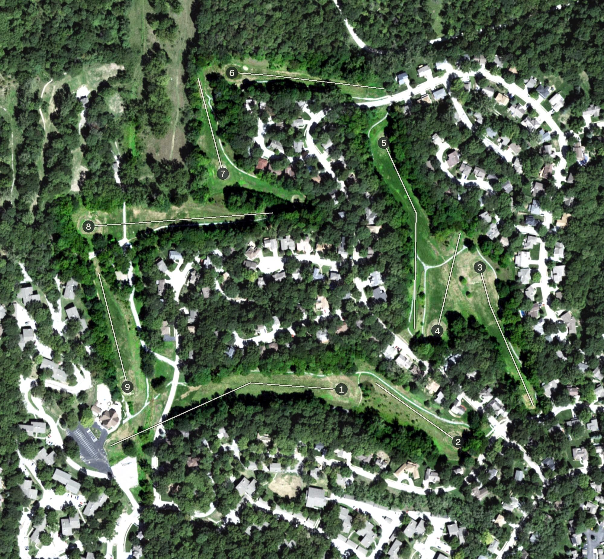 Aerial view of Fontenelle Golf Course, NE, with its hole routing marked