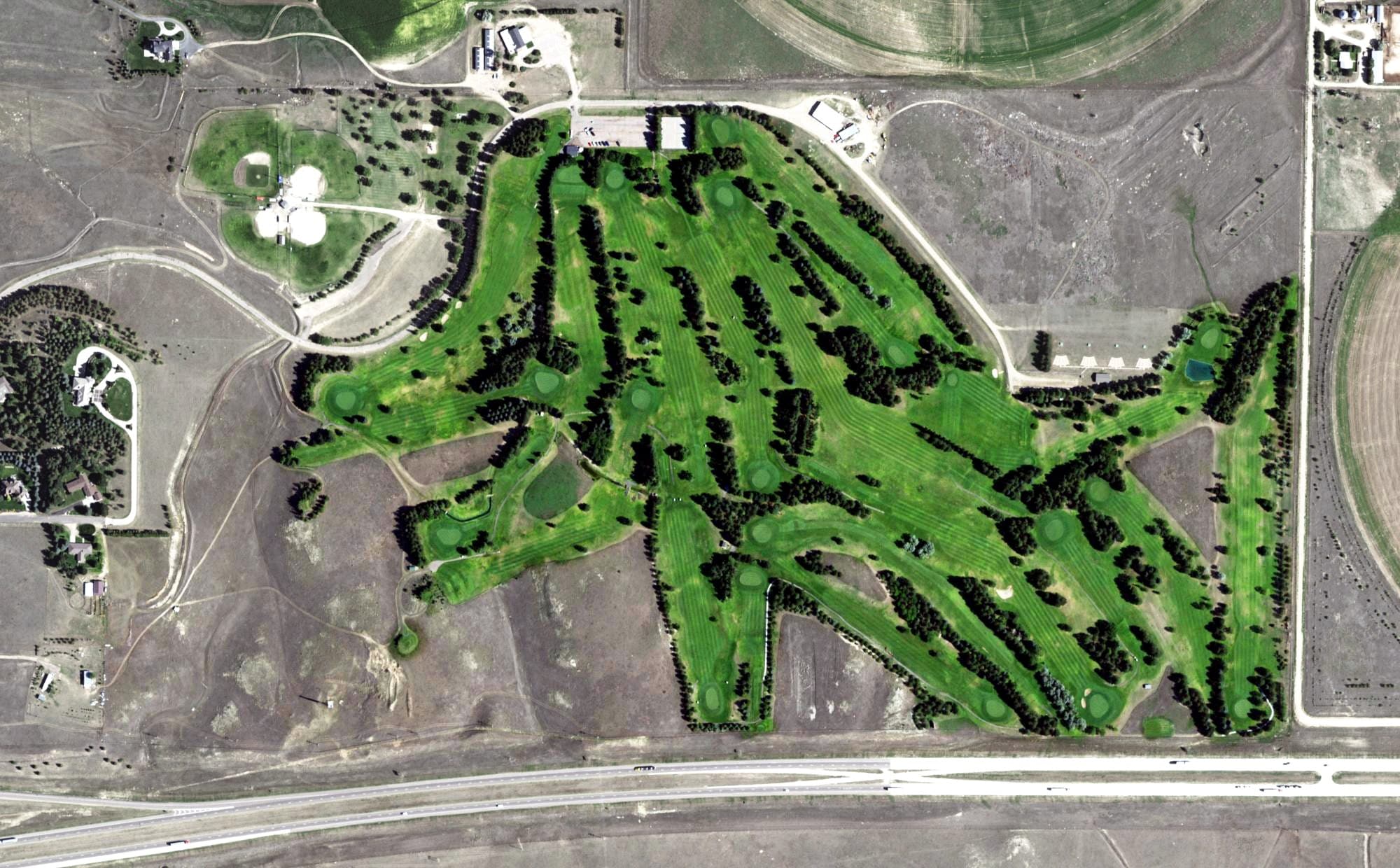 Aerial view of Four Winds Golf Course, NE, with its hole routing marked