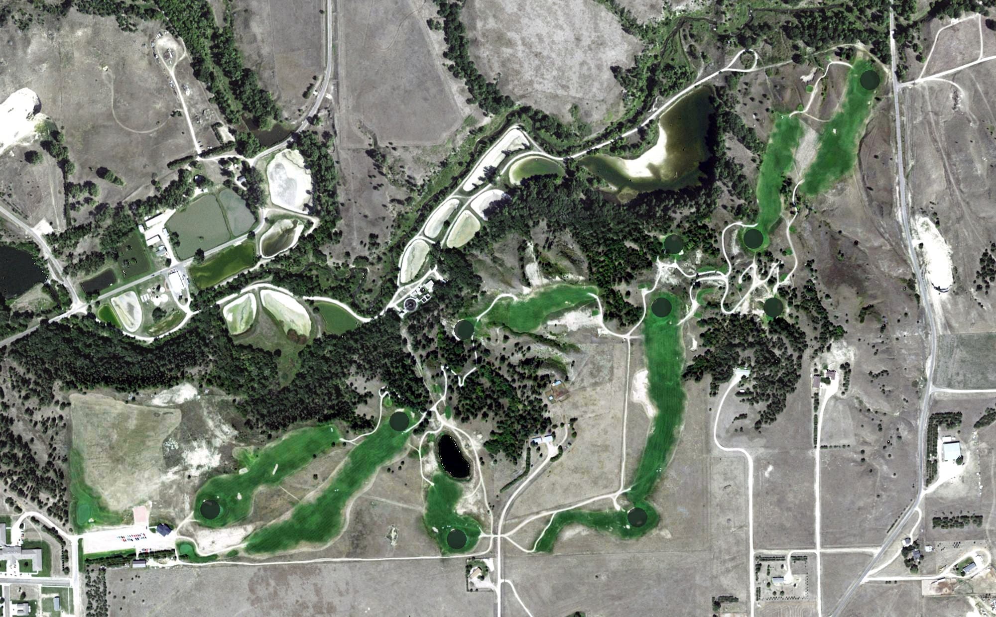 Aerial view of Frederick Peak Golf Club, NE, with its hole routing marked