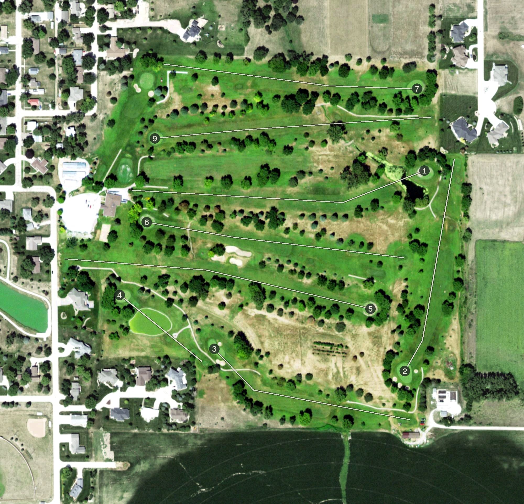 Aerial view of Friend Country Club, NE, with its hole routing marked