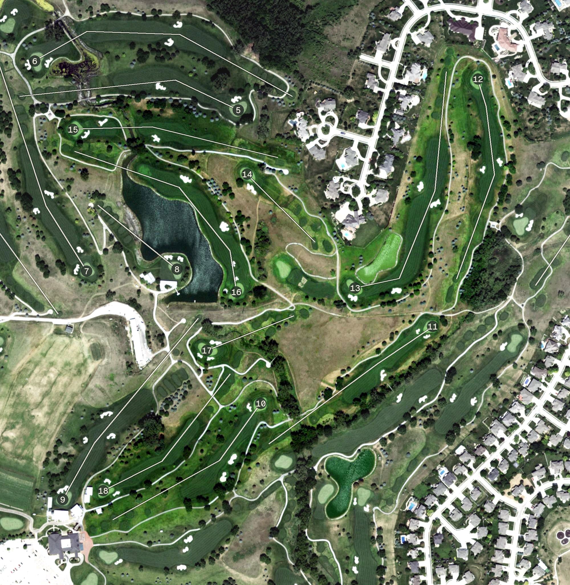 Aerial view of Golf at Indian Creek - Blackbird Course, NE, with its hole routing marked