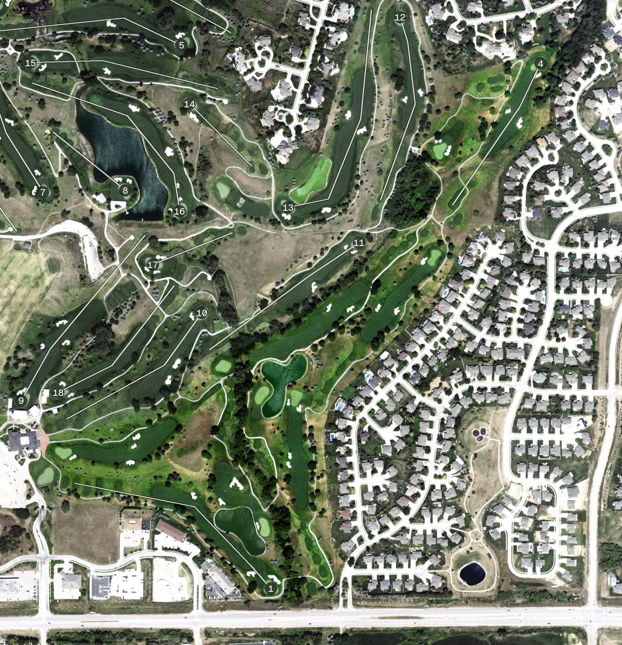 Aerial view of Golf at Indian Creek - Red Feather Course, NE, with its hole routing marked