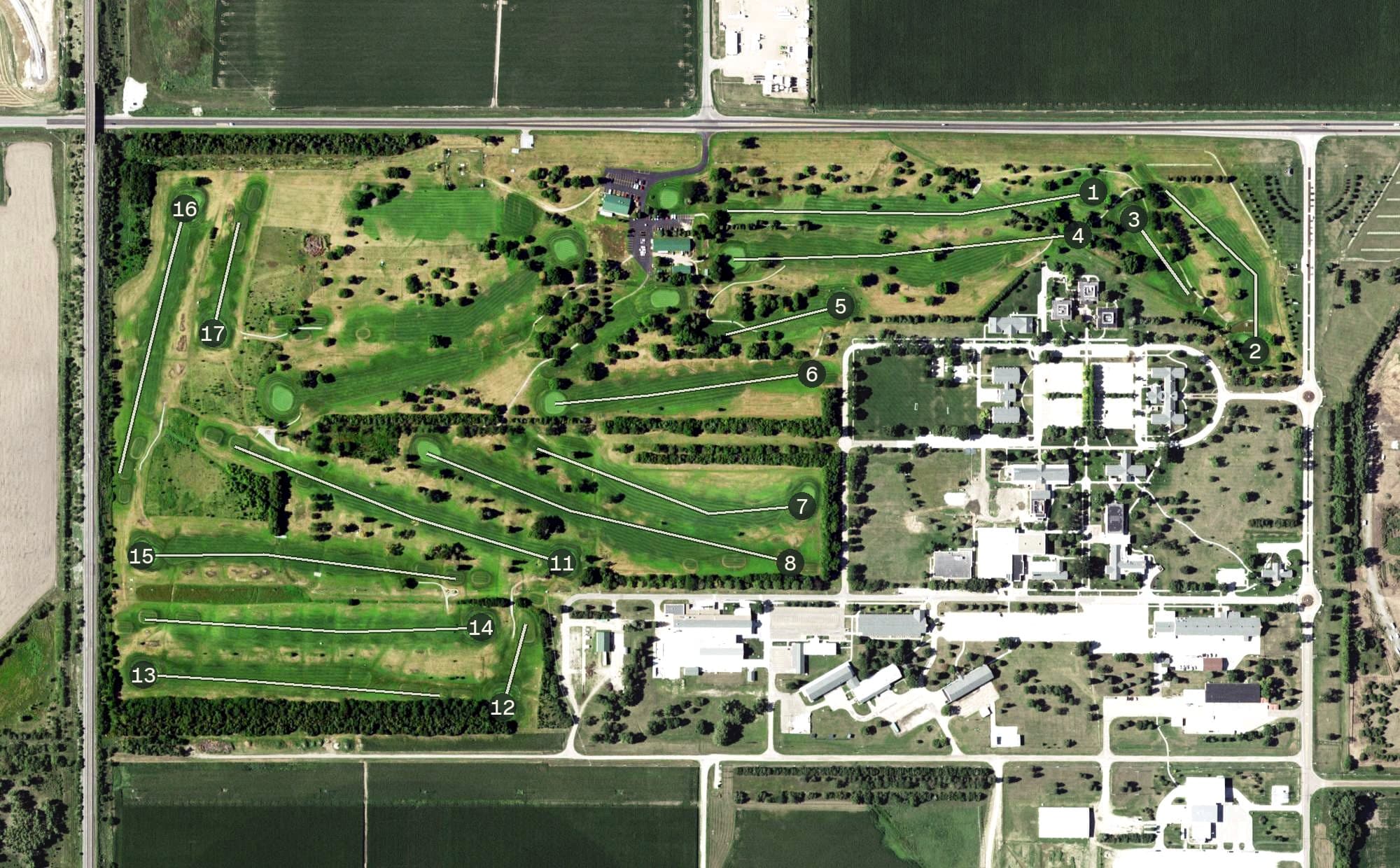 Aerial view of Hastings Elks Country Club, NE, with its hole routing marked