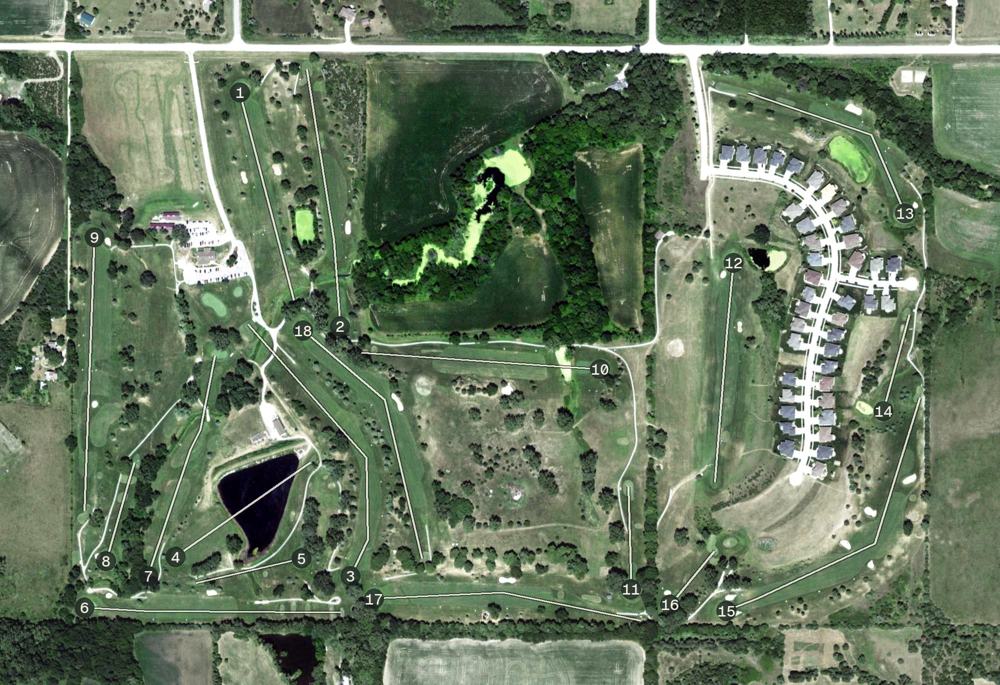 Aerial view of Hidden Valley Golf Club, NE, with its hole routing marked