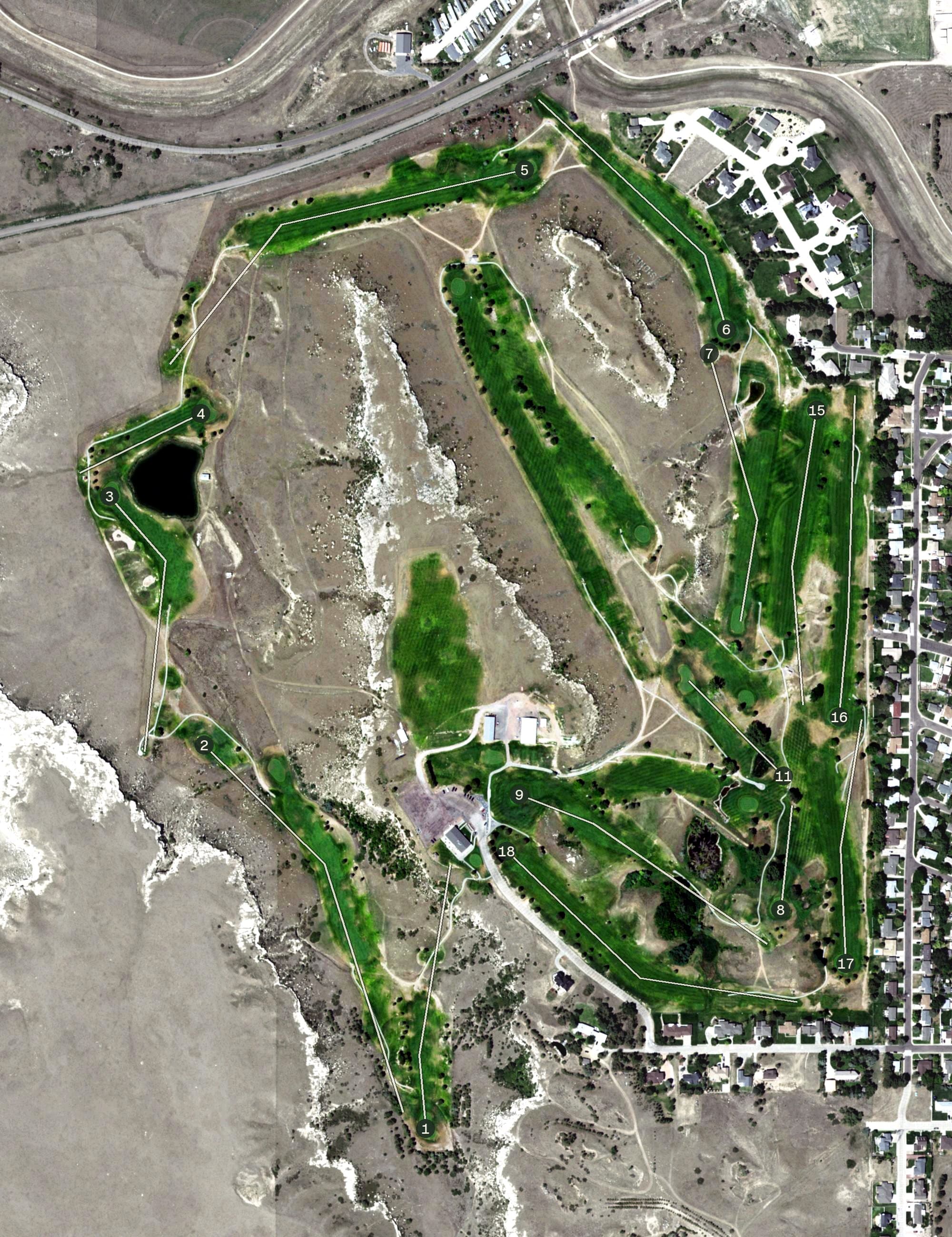 Aerial view of Hillside Golf Course, NE, with its hole routing marked