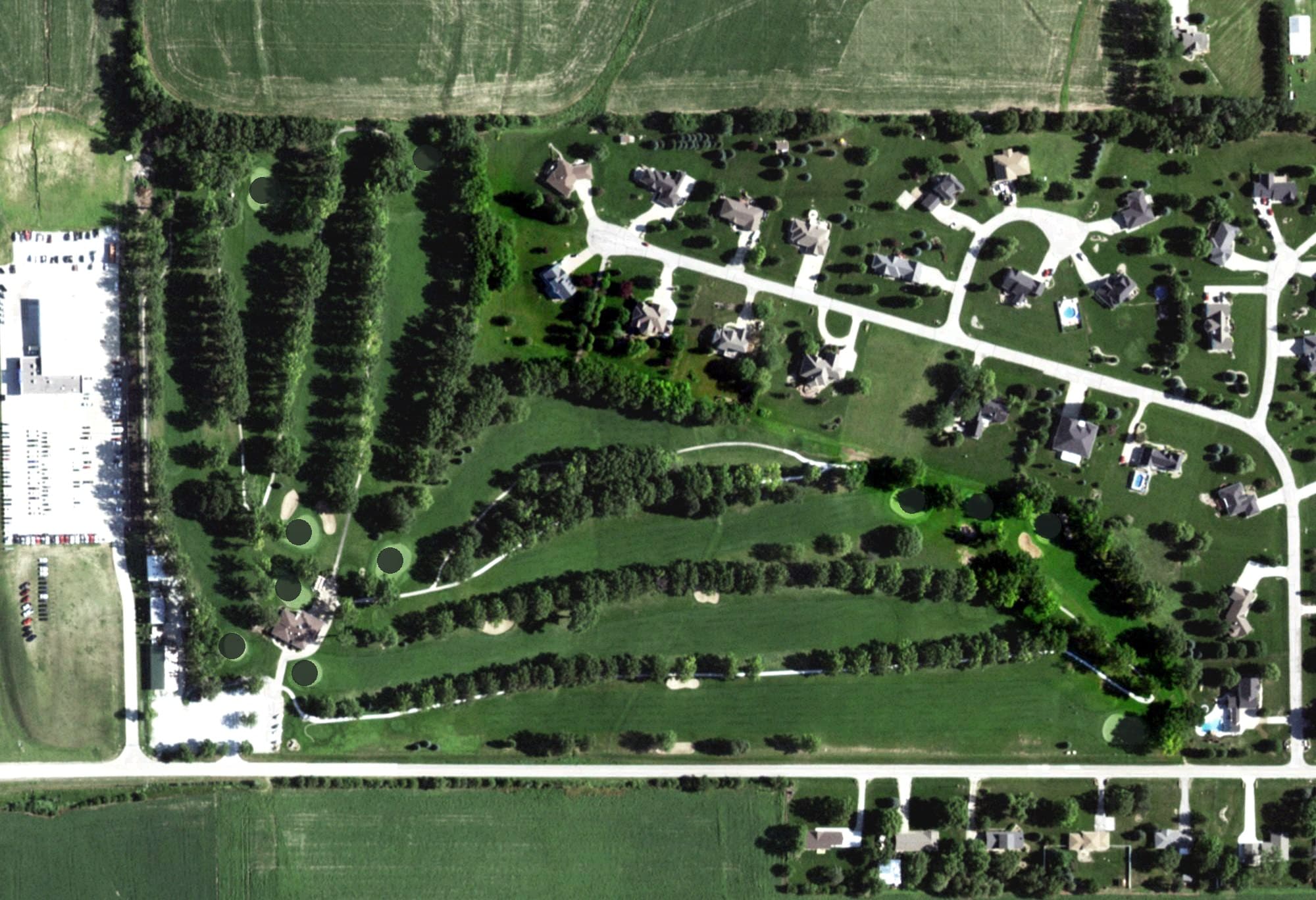 Aerial view of Hilltop Country Club, NE, with its hole routing marked