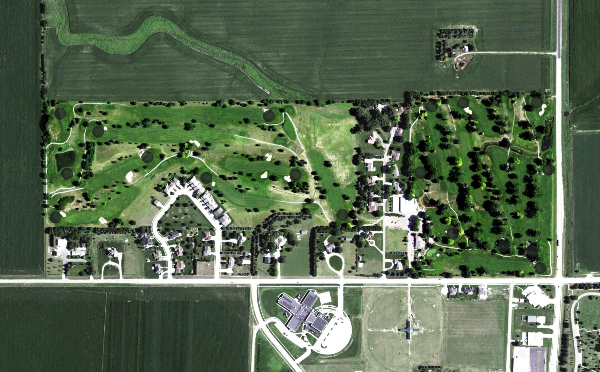 Aerial view of Holdrege Country Club, NE, with its hole routing marked
