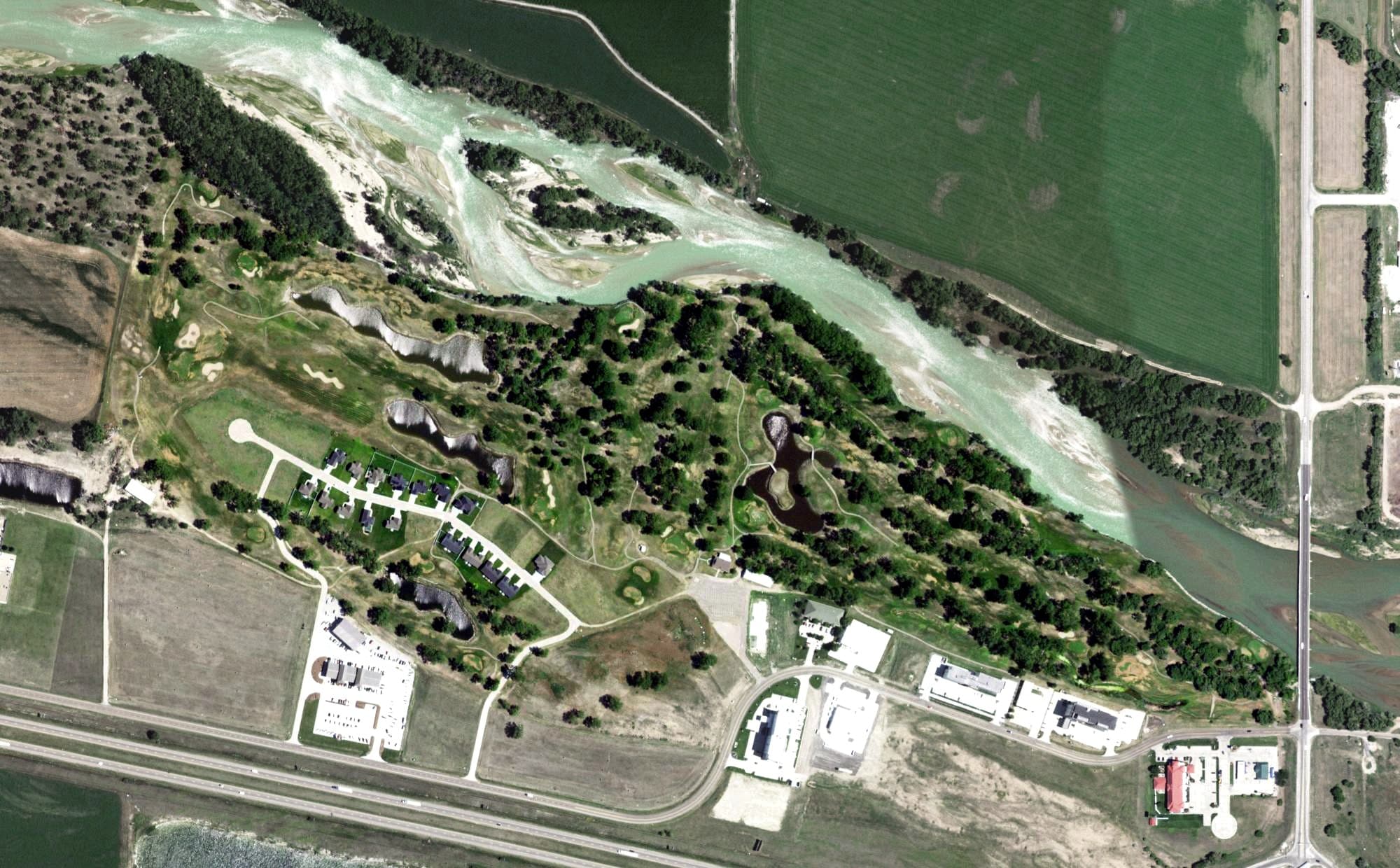 Aerial view of Iron Eagle Golf Course, NE, with its hole routing marked