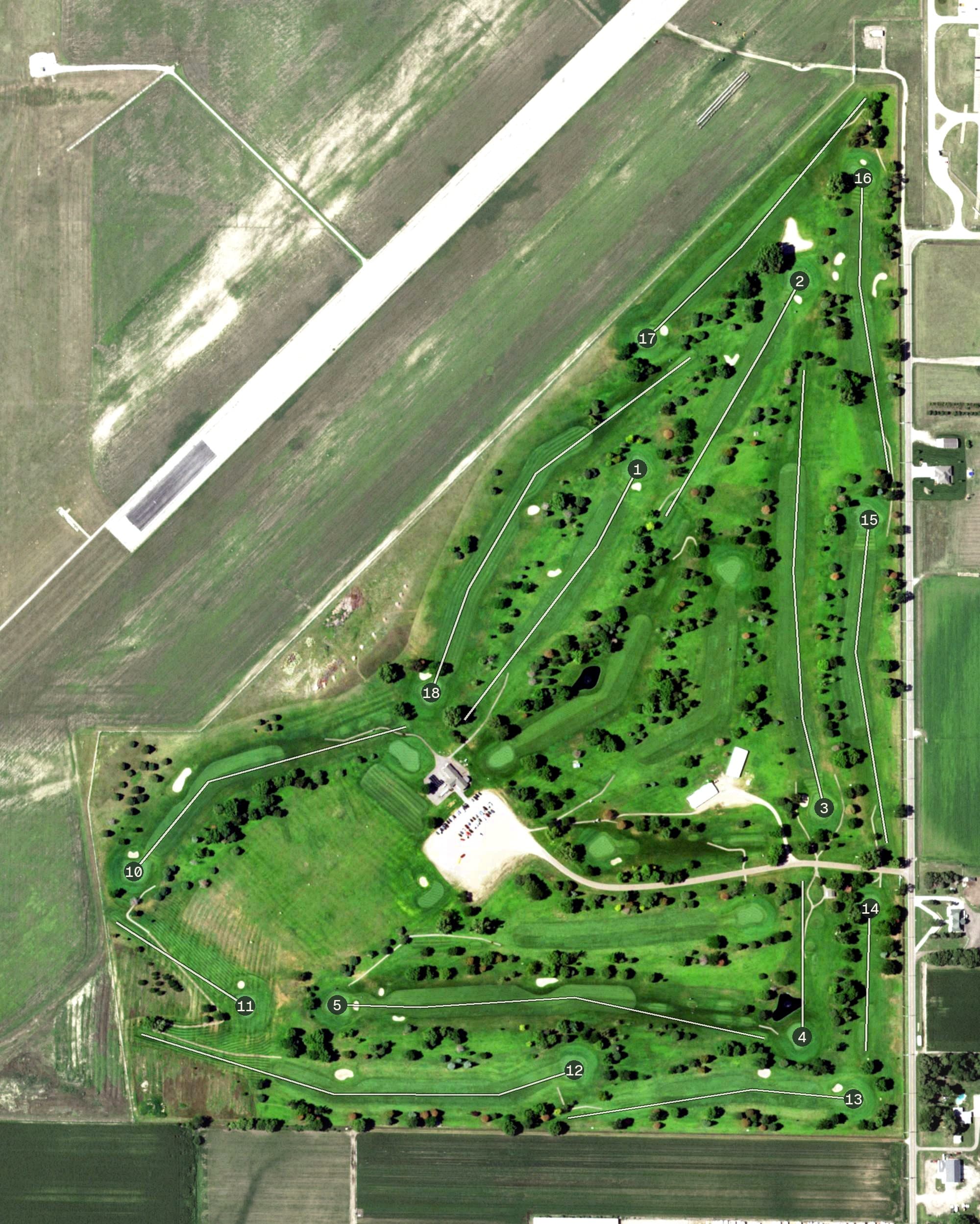 Aerial view of Jackrabbit Run Golf Course, NE, with its hole routing marked