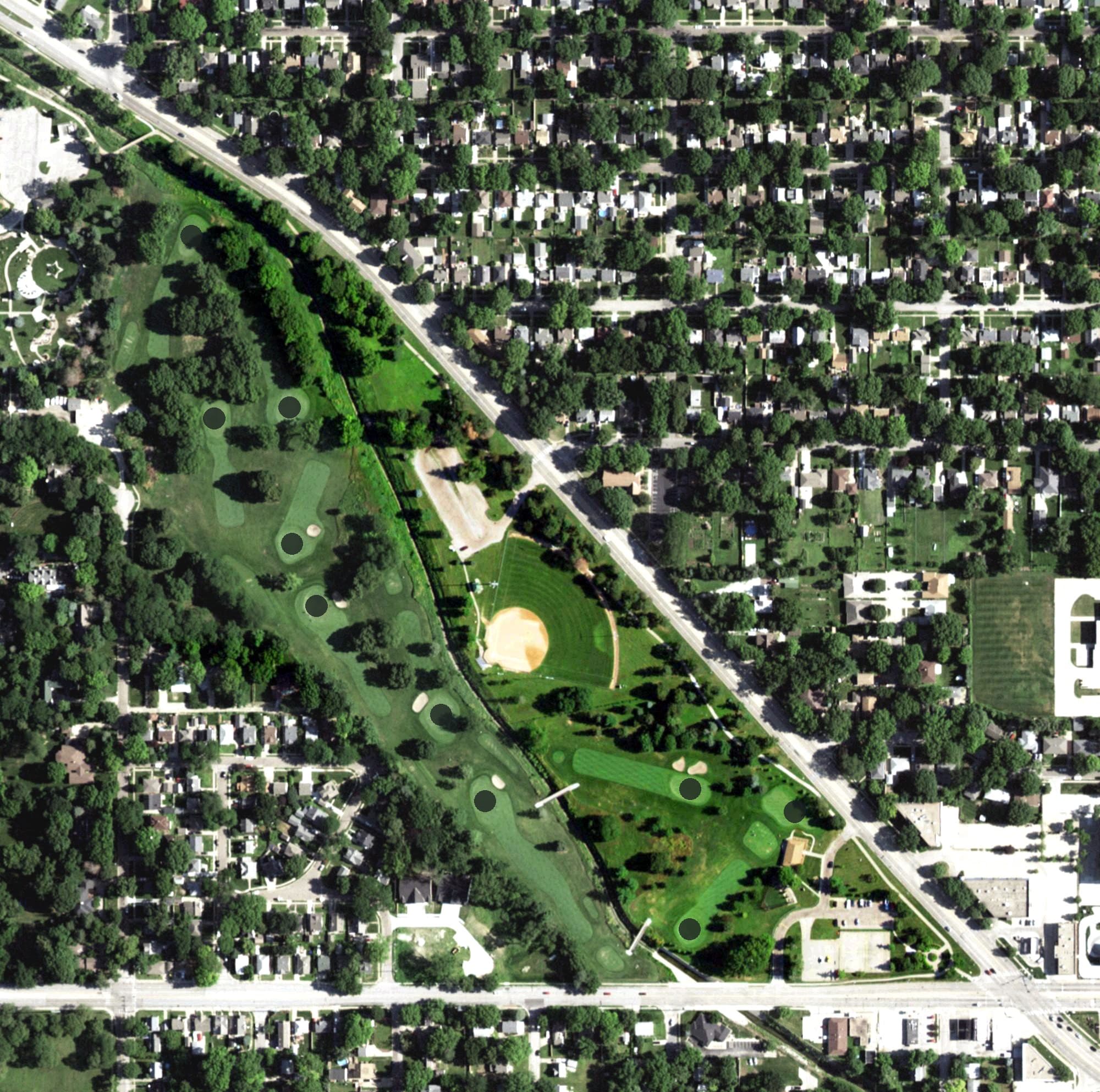 Aerial view of Jim Ager Memorial Golf Course, NE, with its hole routing marked