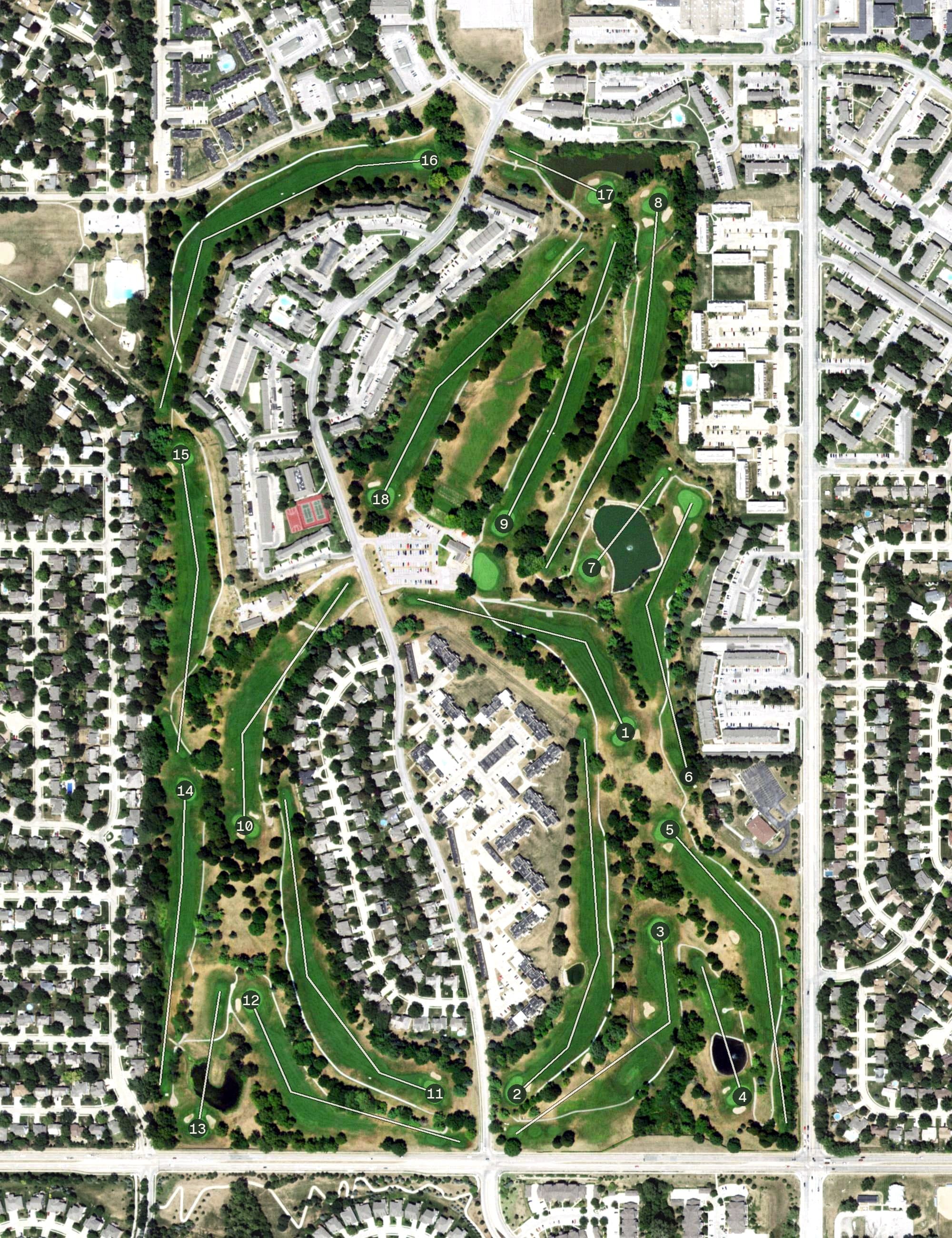 Aerial view of Johnny Goodman Golf Course, NE, with its hole routing marked