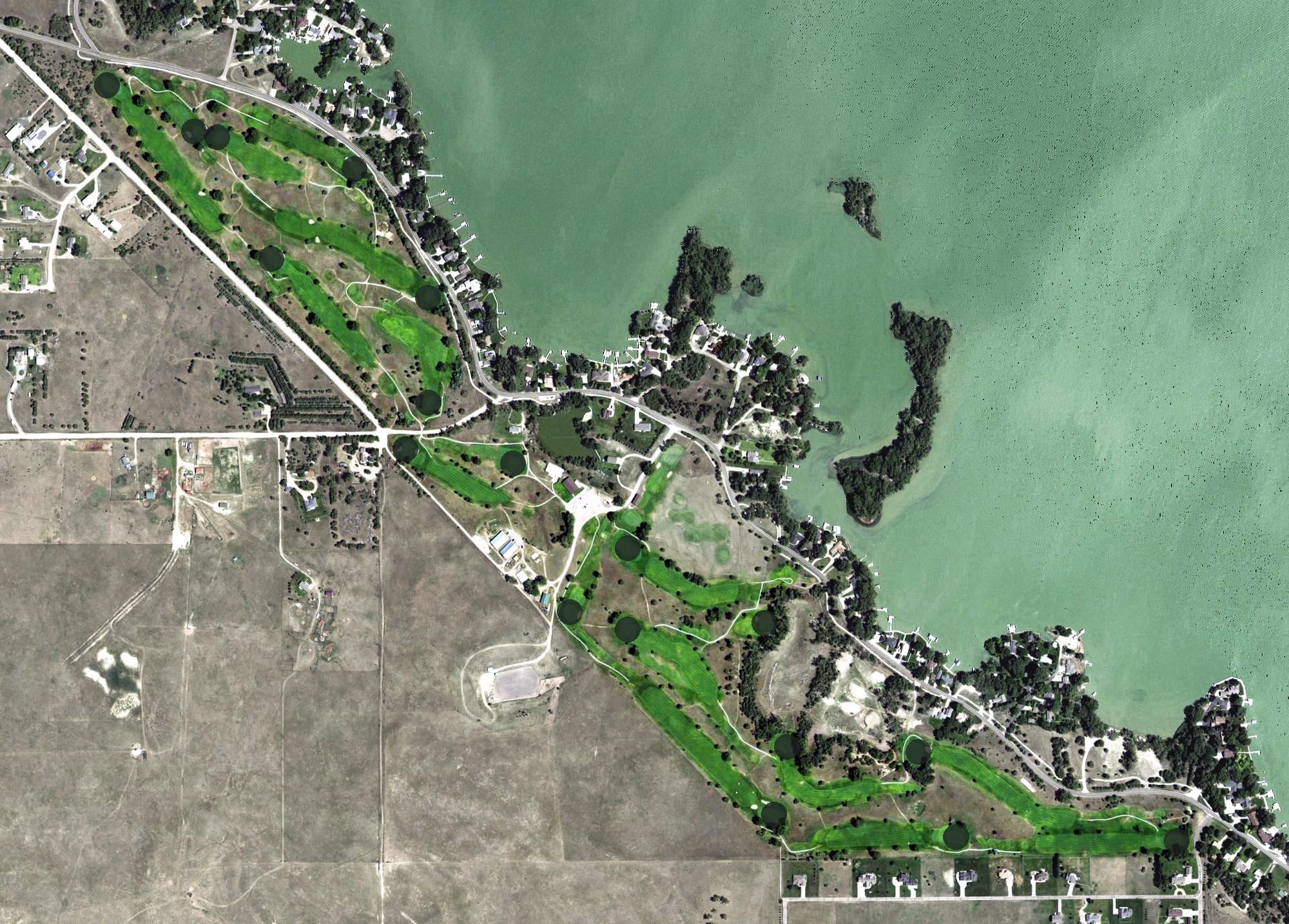 Aerial view of Lake Maloney Golf Course, NE, with its hole routing marked