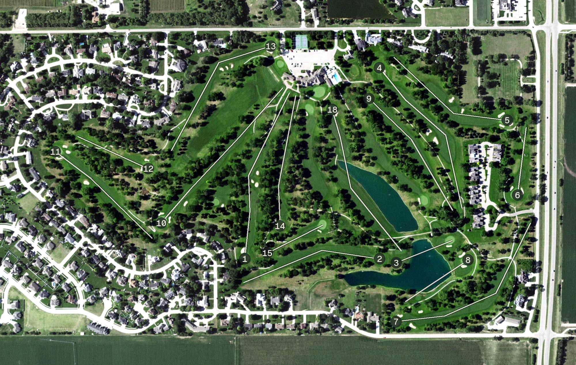 Aerial view of Lochland Country Club, NE, with its hole routing marked