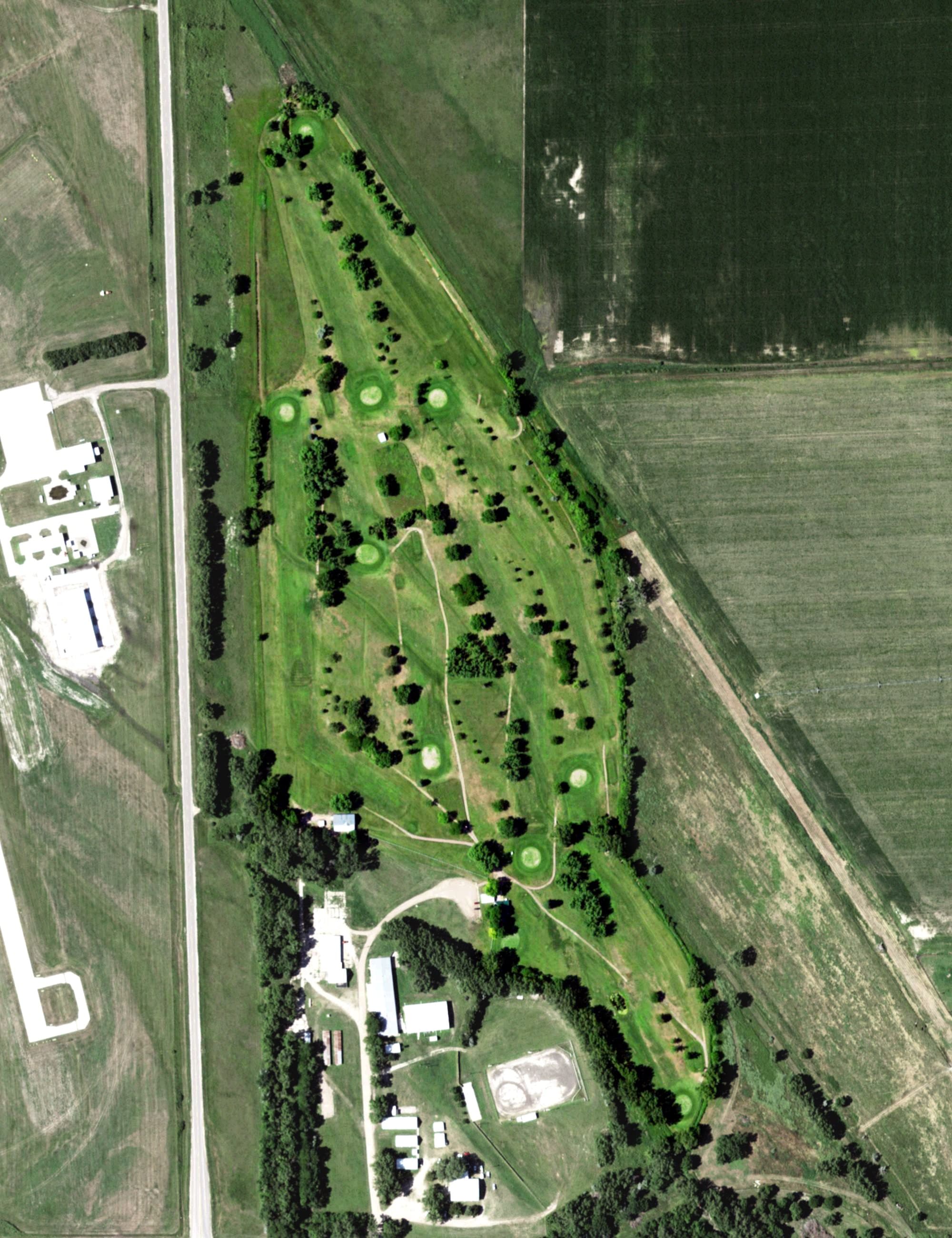 Aerial view of Loup City Public Golf Course, NE, with its hole routing marked