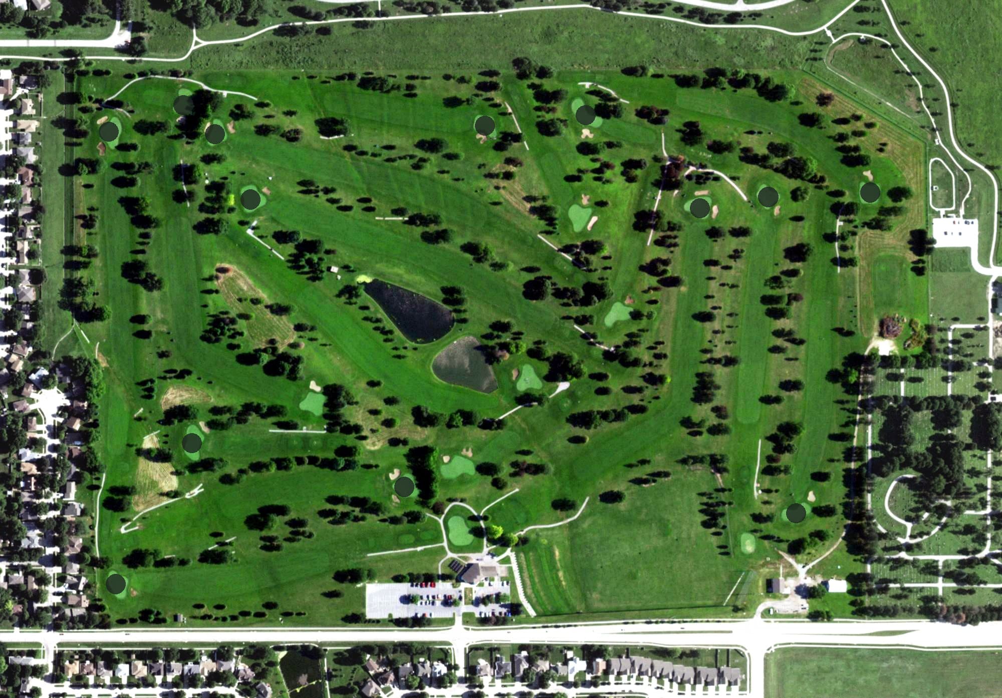 Aerial view of Mahoney Golf Course, NE, with its hole routing marked