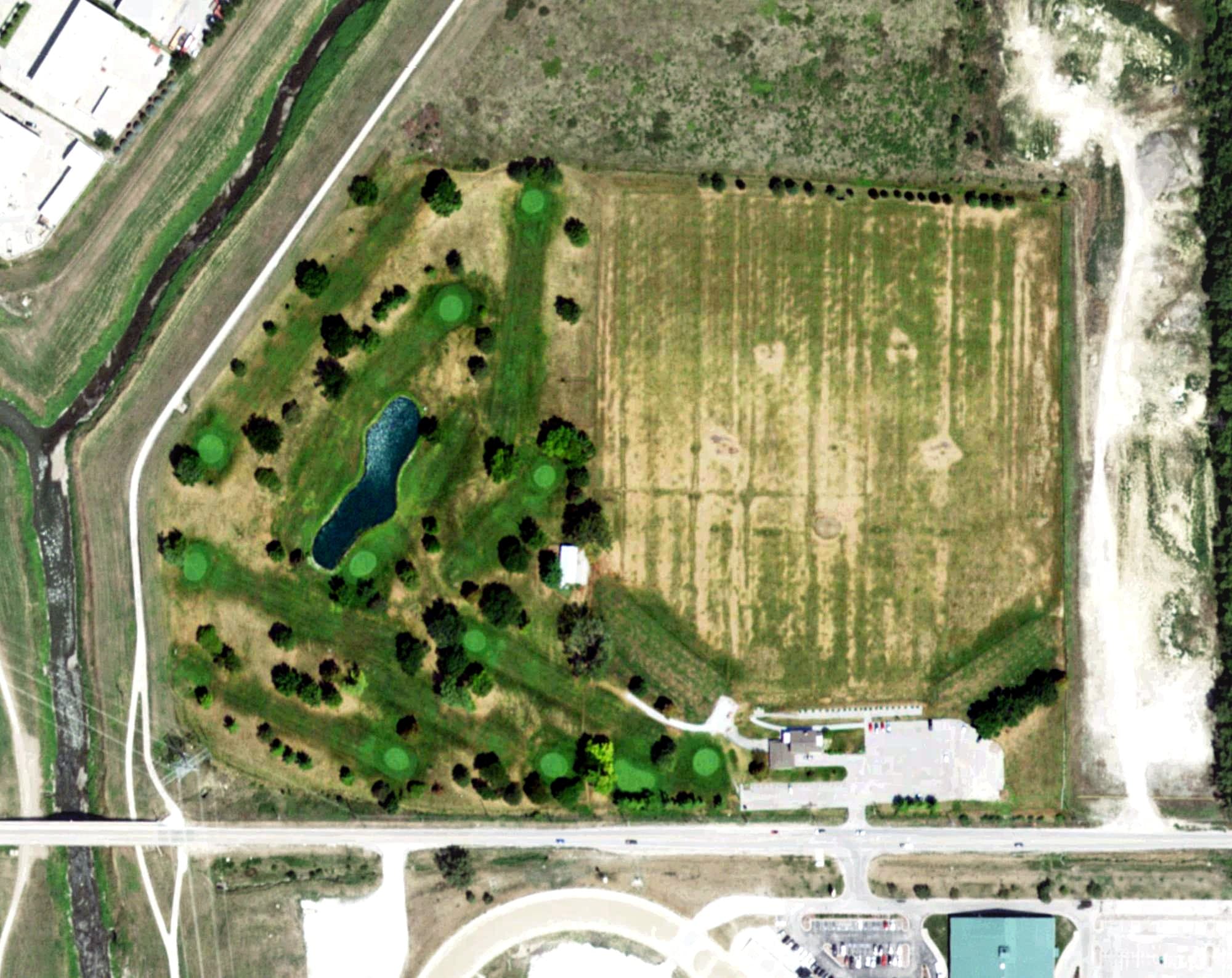 Aerial view of Milt's Golf Course (9-Hole), NE, with its hole routing marked
