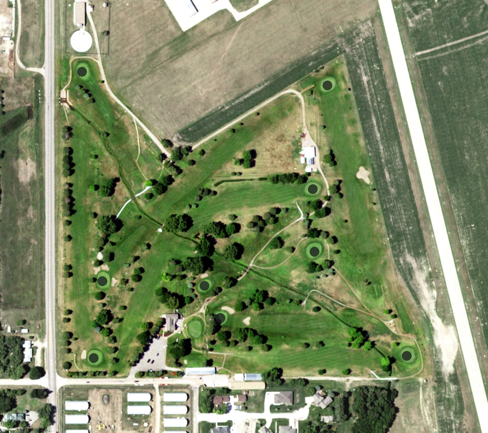 Aerial view of Minden Country Club, NE, with its hole routing marked