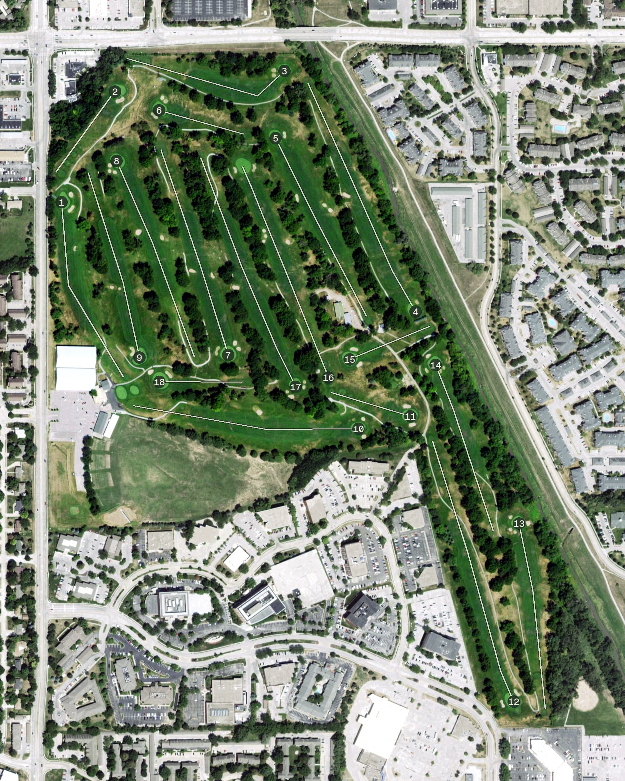 Aerial view of Miracle Hill Golf Course, NE, with its hole routing marked