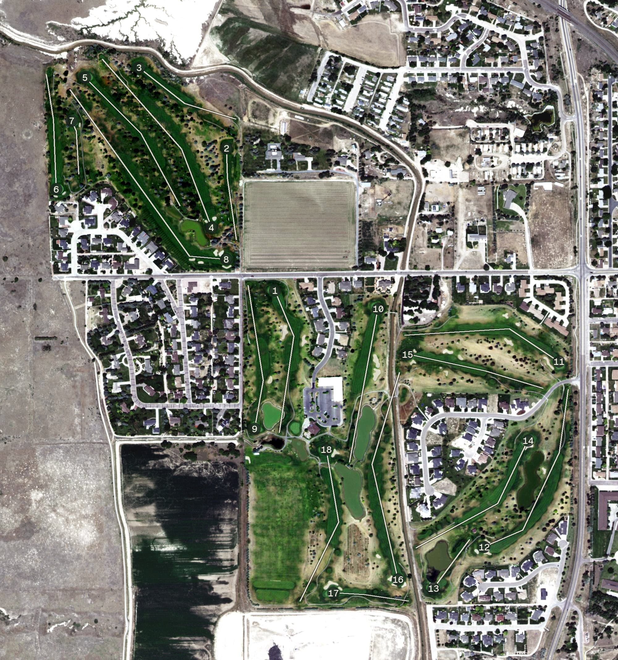 Aerial view of Monument Shadows Golf, NE, with its hole routing marked