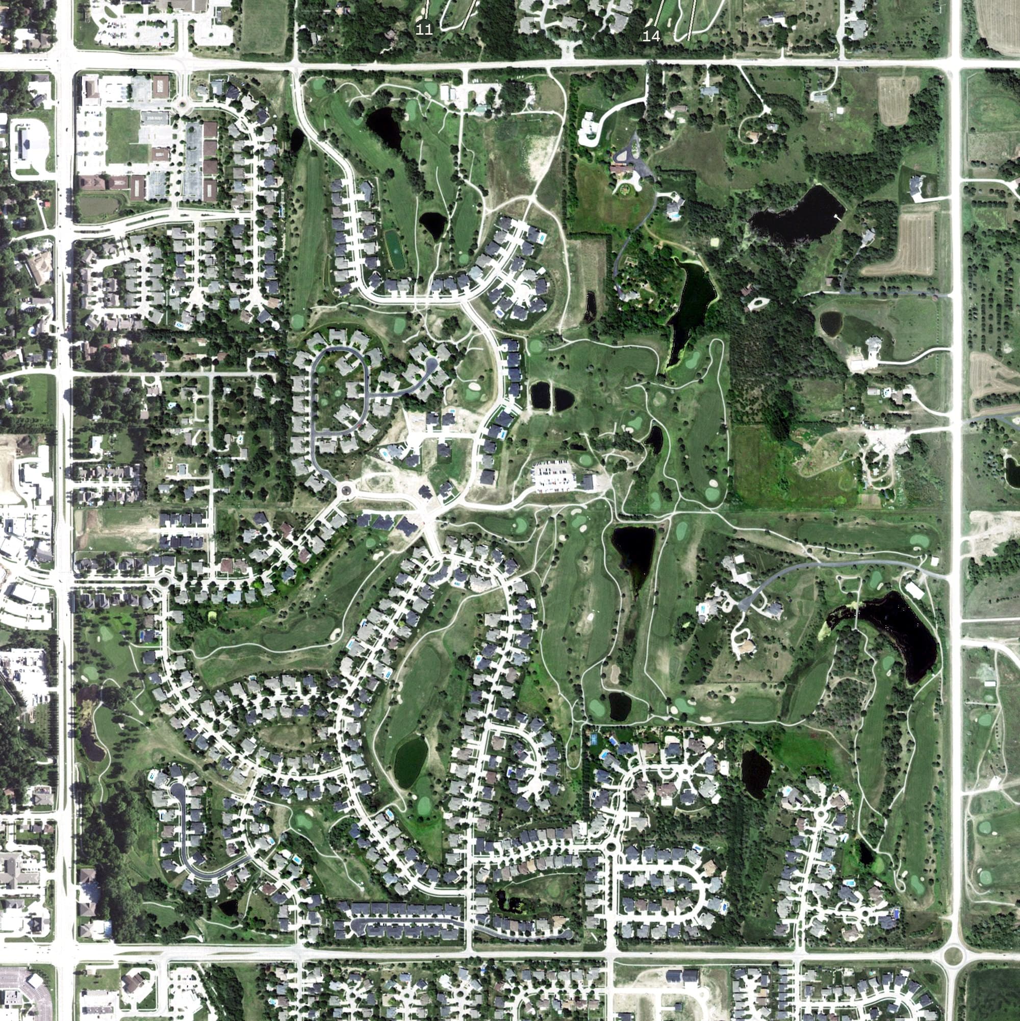 Aerial view of NuMark Golf Course, NE, with its hole routing marked