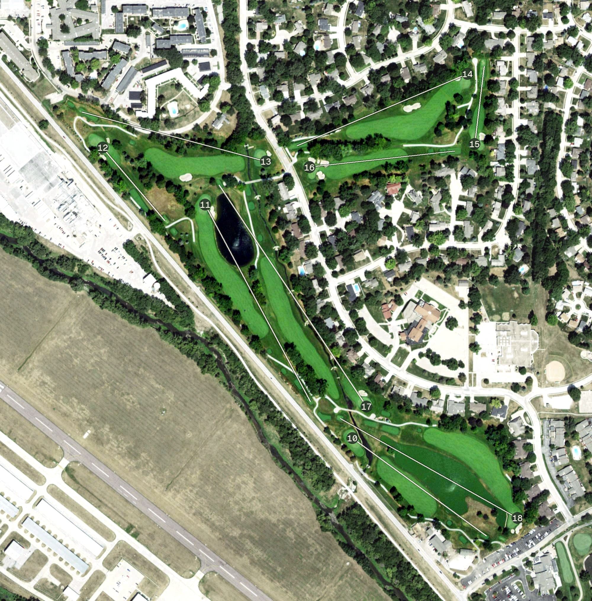 Aerial view of Oak Hills Country Club, NE, with its hole routing marked