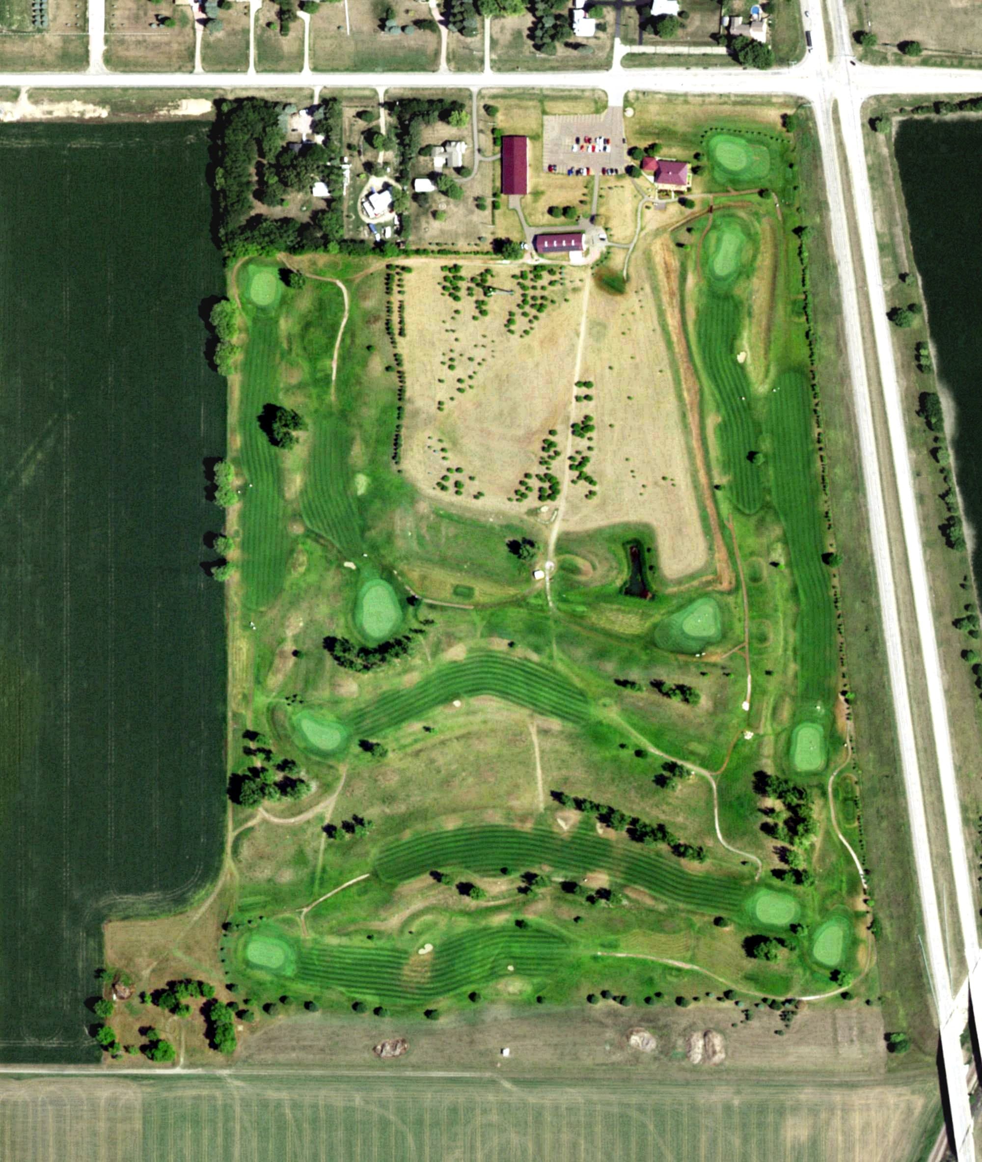 Aerial view of Old Dane Golf Club, NE, with its hole routing marked
