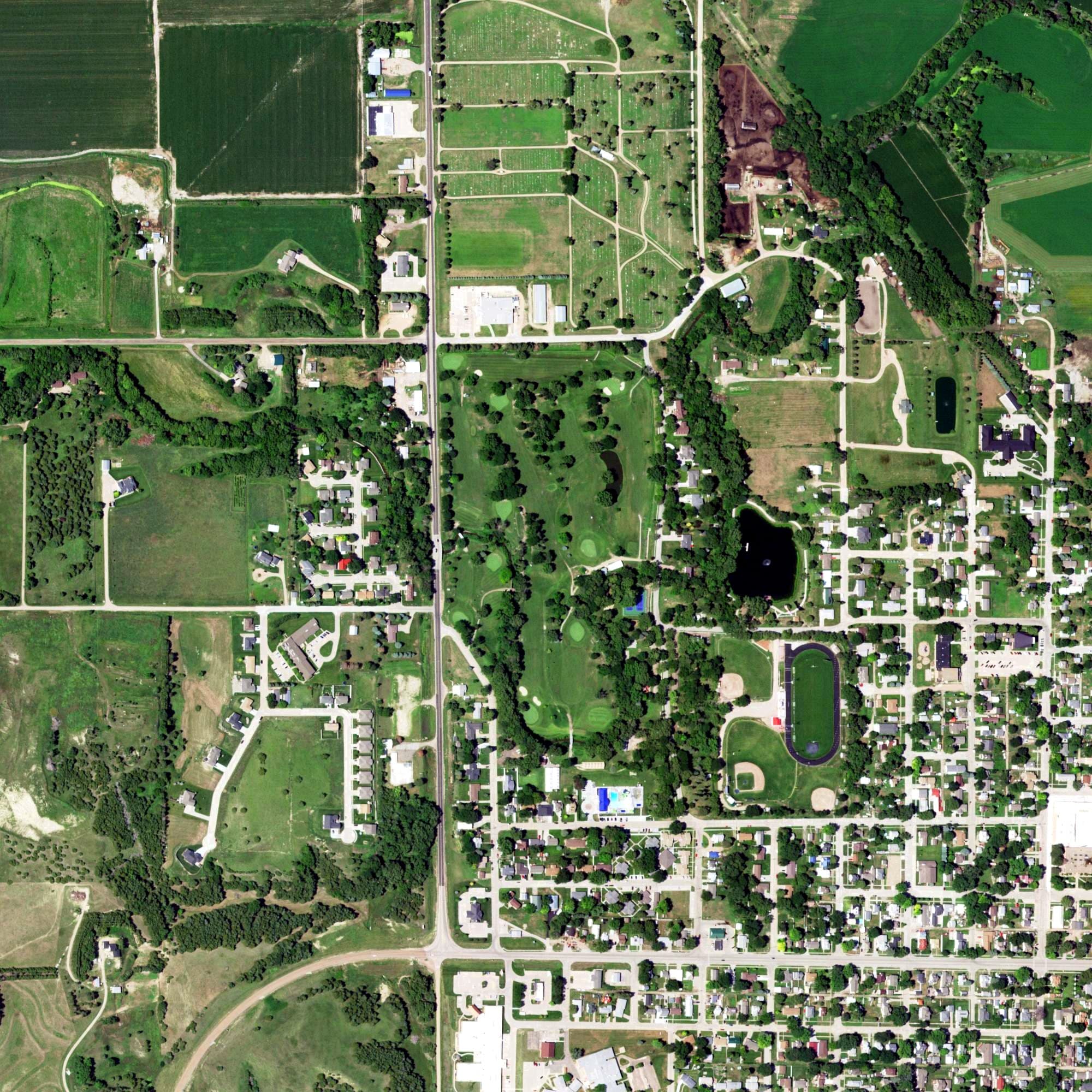 Aerial view of Ord Golf Course, NE, with its hole routing marked