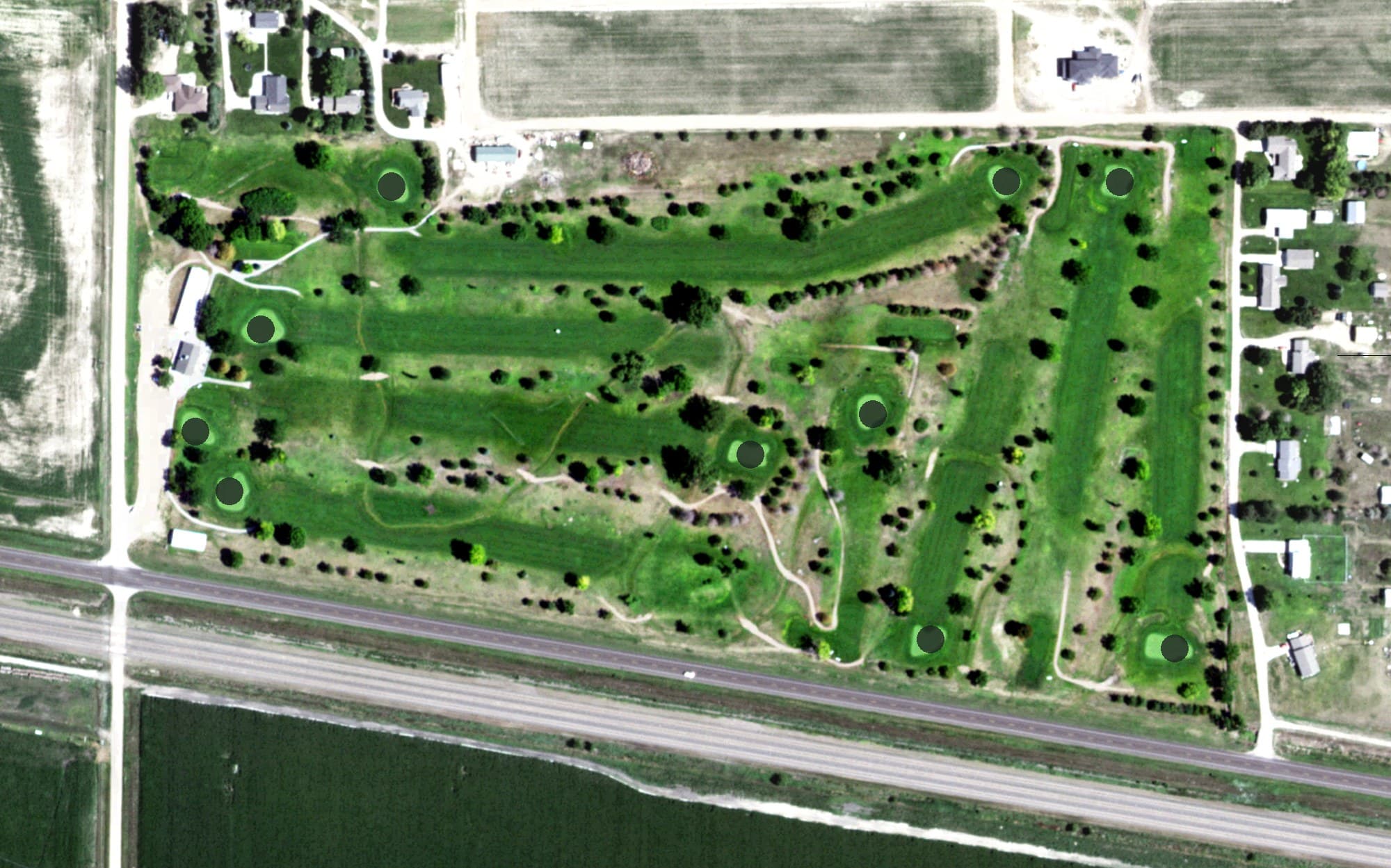 Aerial view of Overton Golf Club, NE, with its hole routing marked