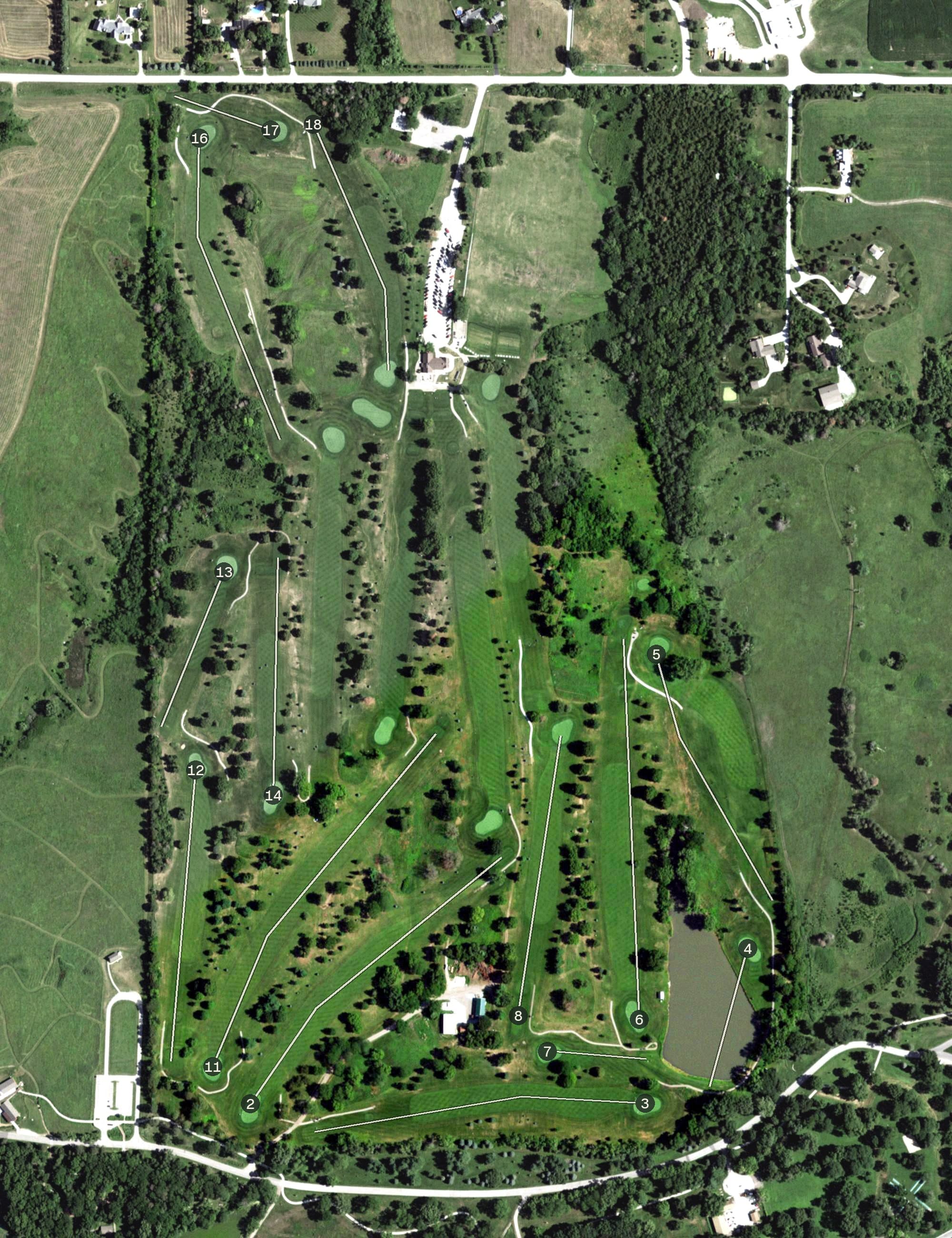 Aerial view of Pioneers Golf Course, NE, with its hole routing marked