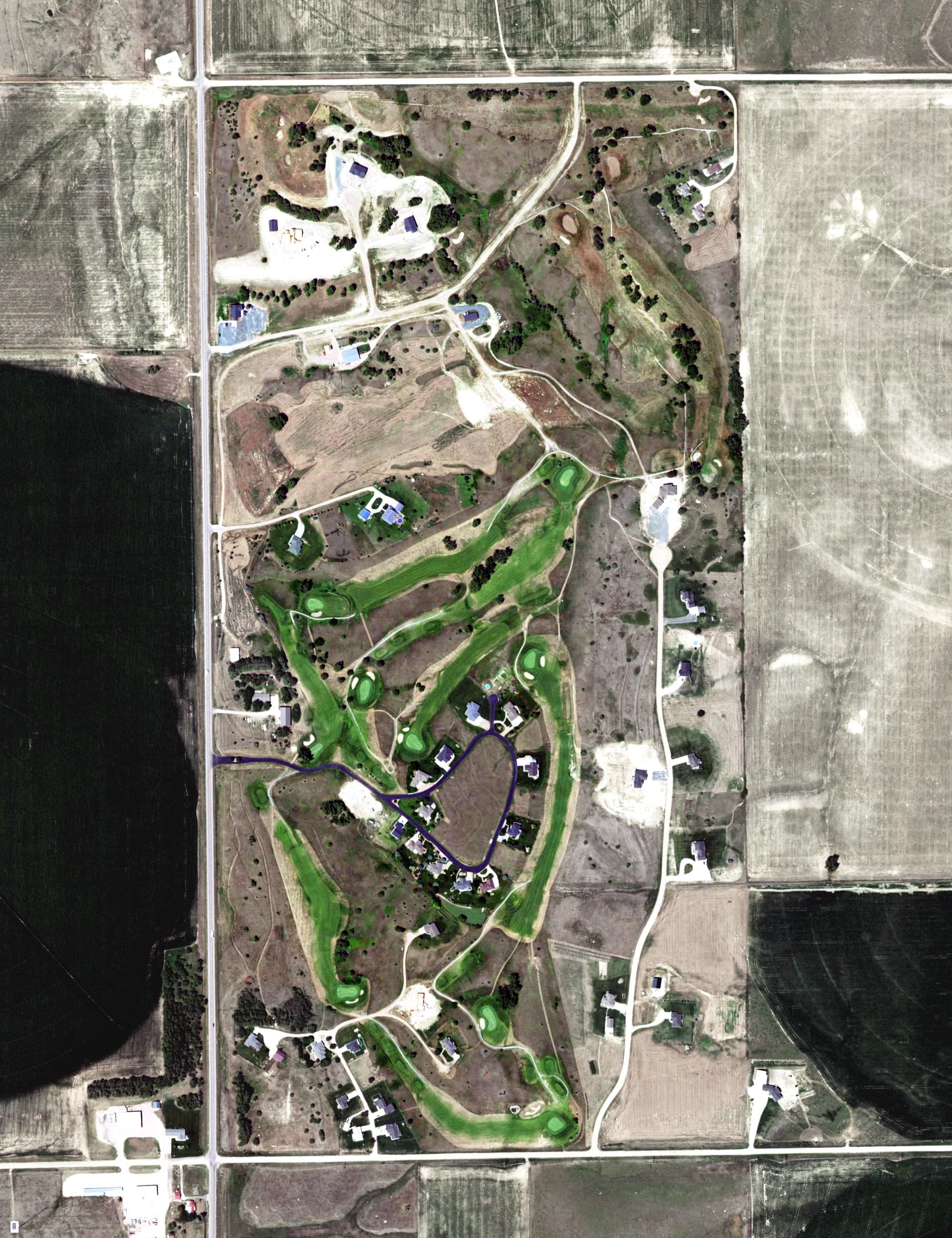 Aerial view of Prairie Hills Golf Course, NE, with its hole routing marked