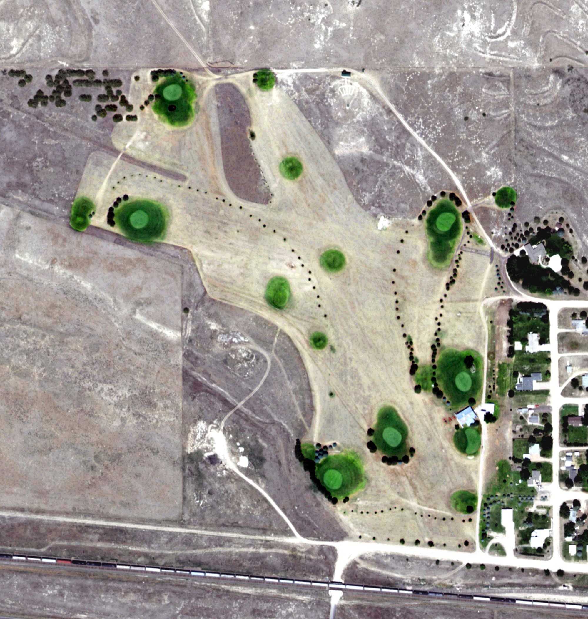 Aerial view of Prairie Pines Golf Course, NE, with its hole routing marked