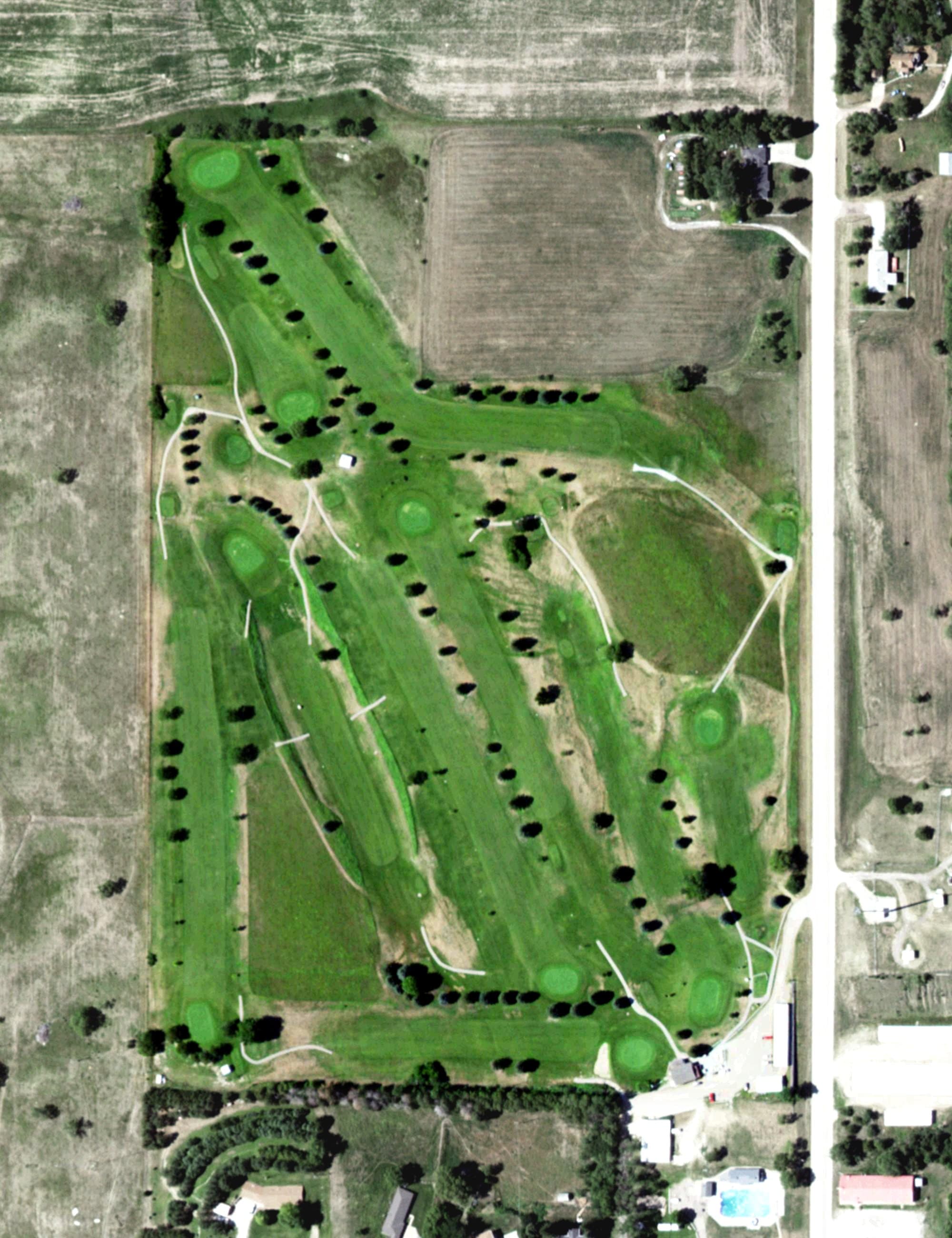 Aerial view of Ravenna Golf Club, NE, with its hole routing marked