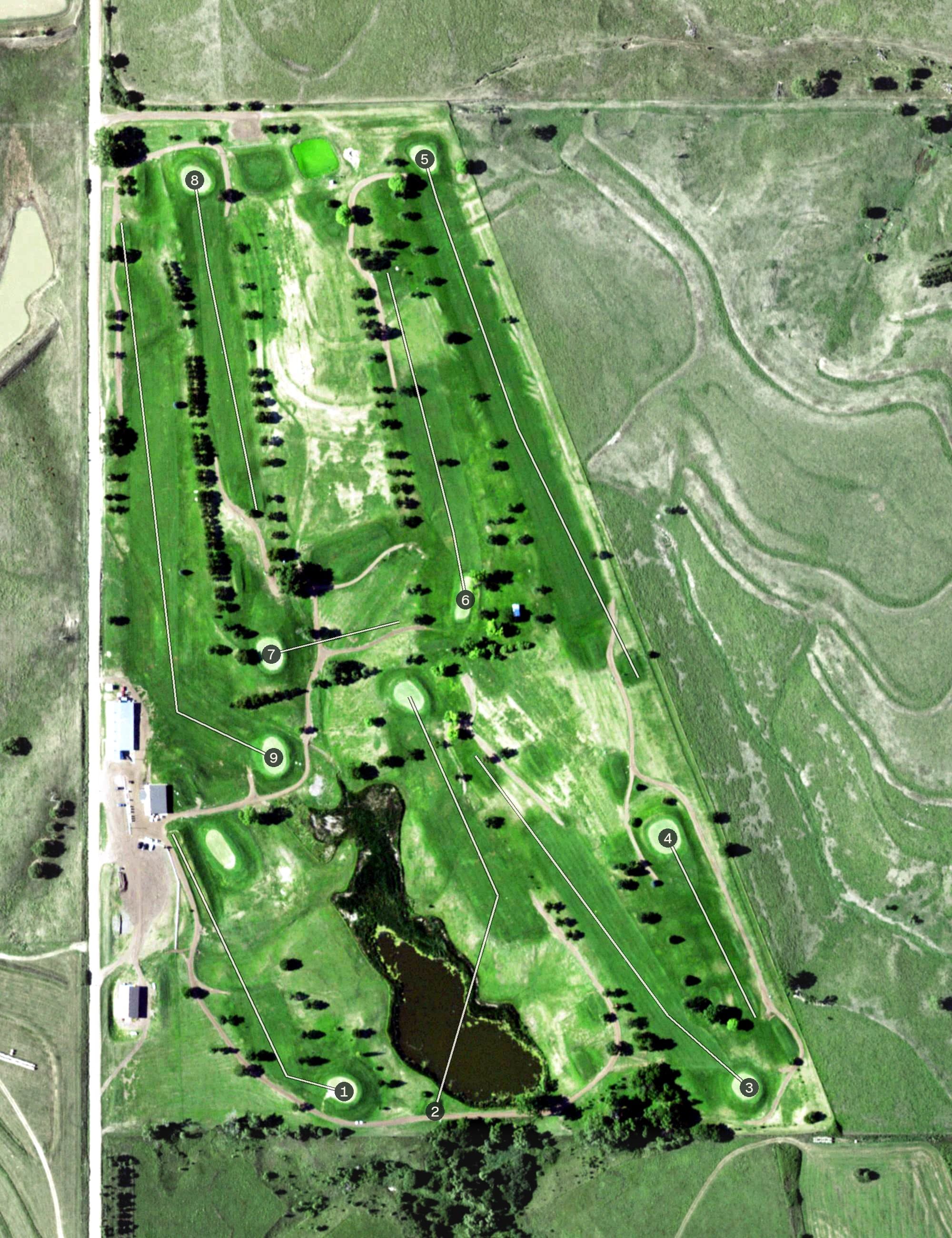 Aerial view of Red Cloud Golf Course, NE, with its hole routing marked