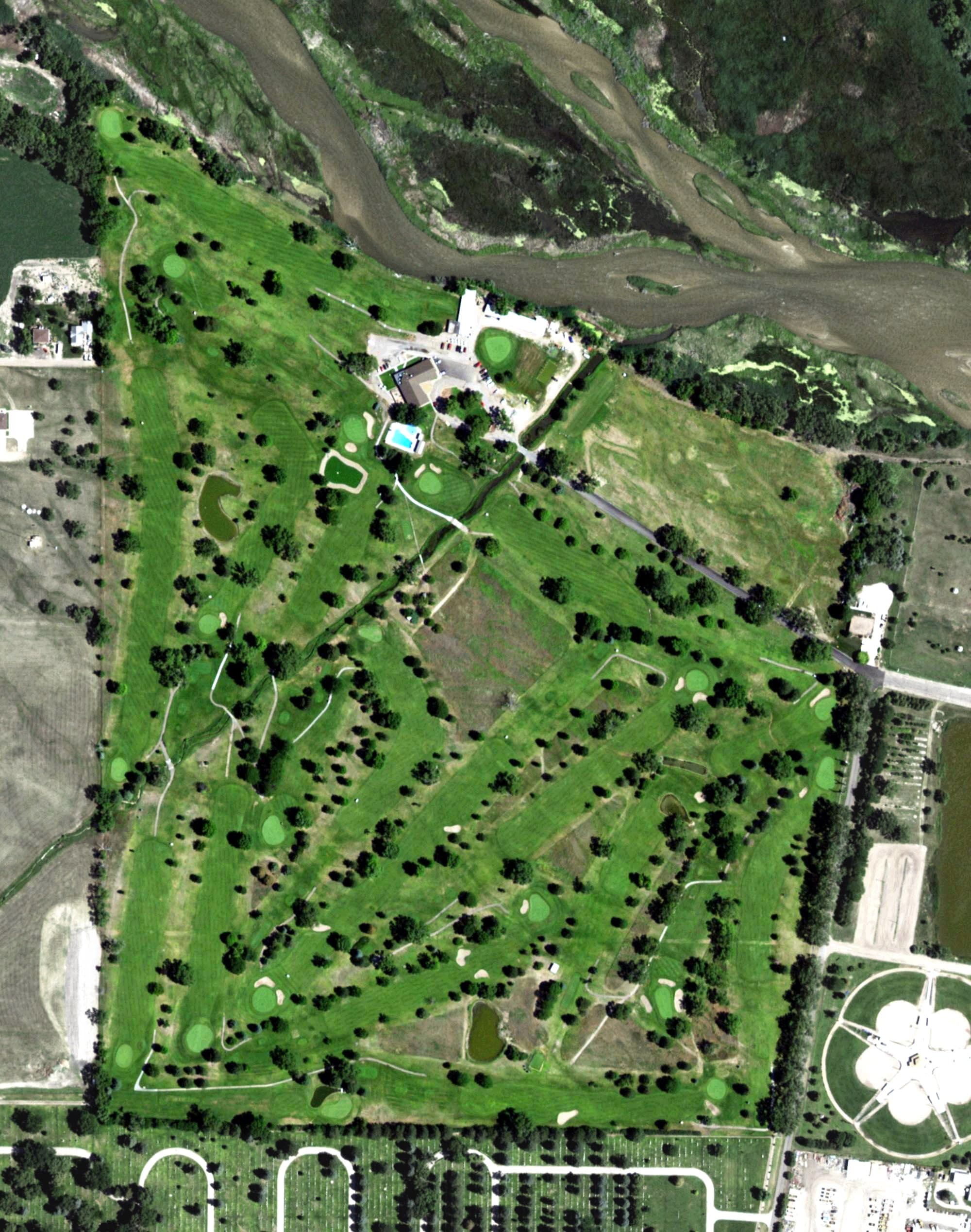 Aerial view of River’s Edge Golf Club, NE, with its hole routing marked