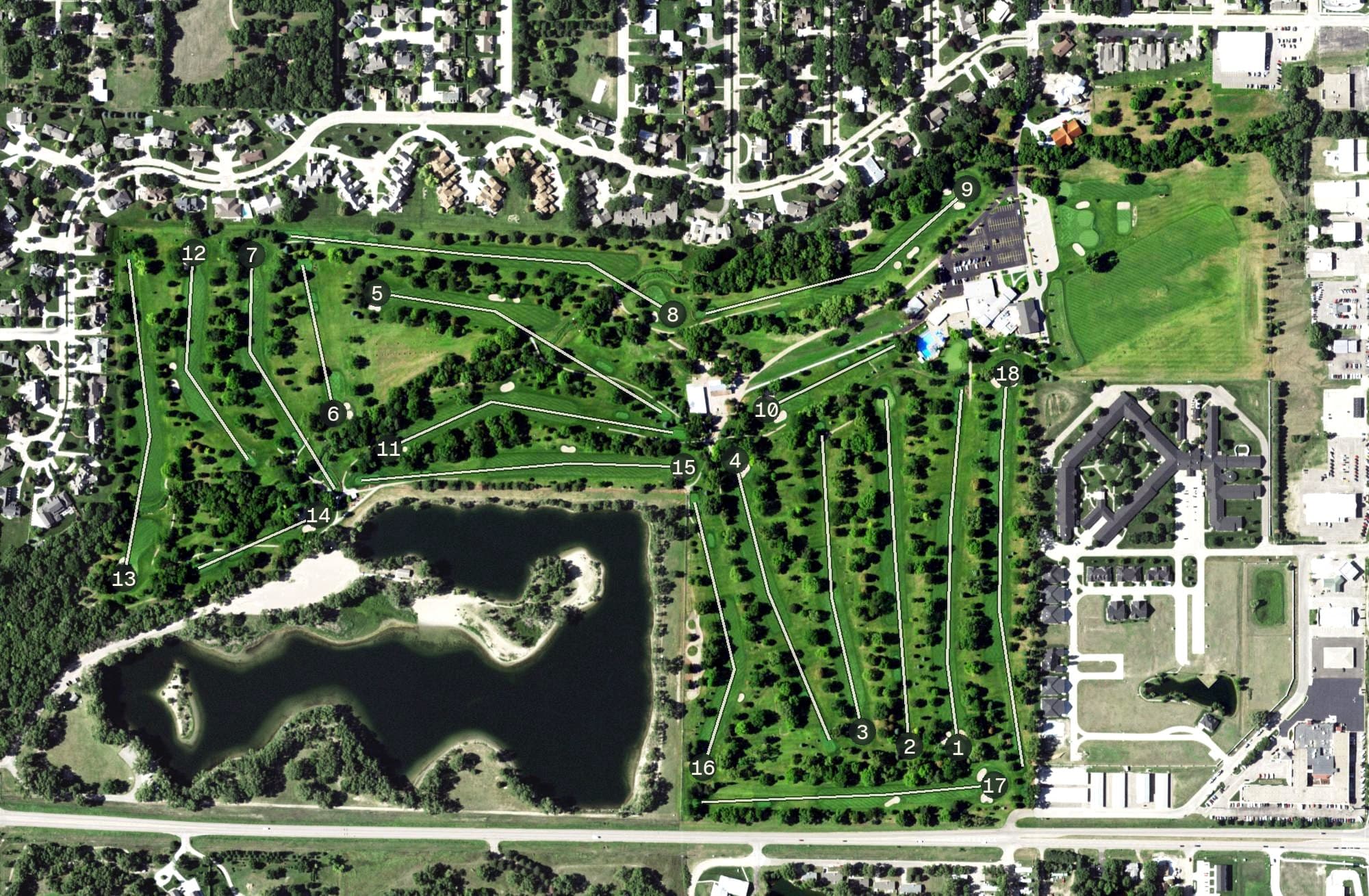 Aerial view of Riverside Country Club, NE, with its hole routing marked