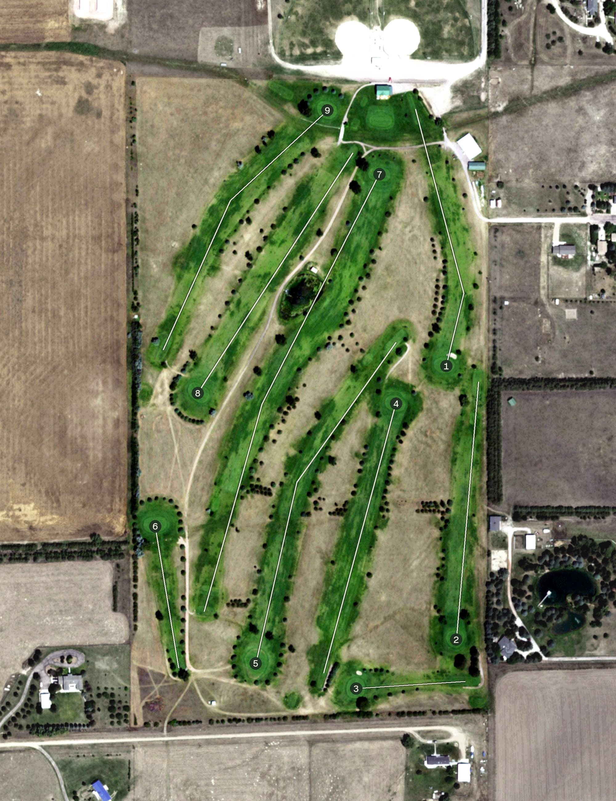 Aerial view of Sand Ridge Golf Course, NE, with its hole routing marked