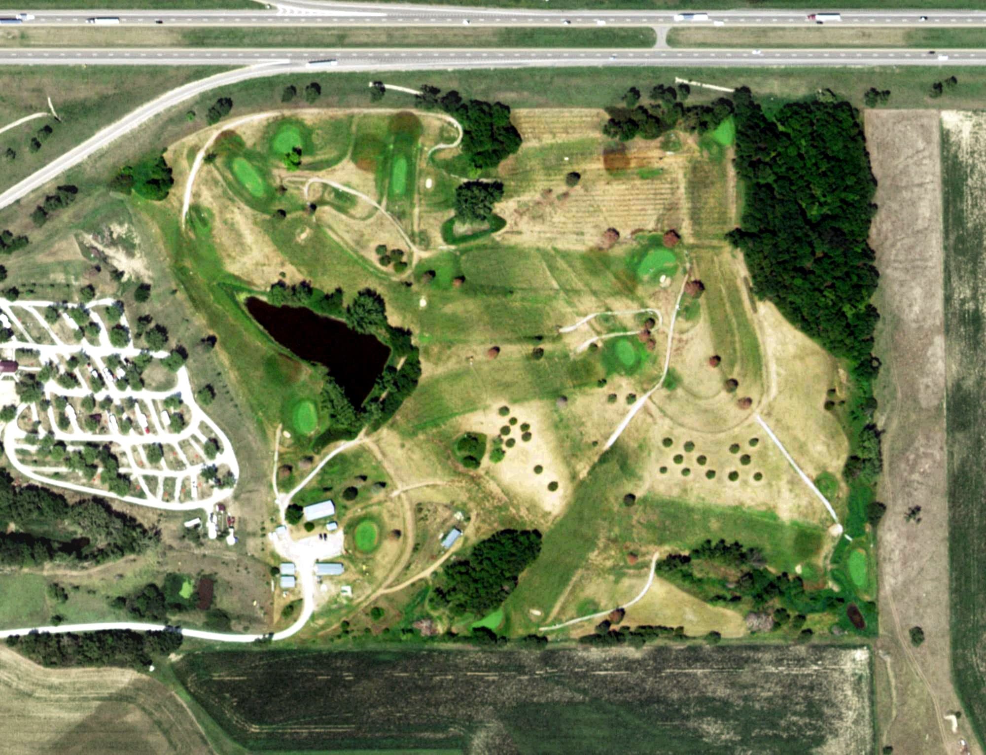 Aerial view of Sandy Meadows Golf Course, NE, with its hole routing marked