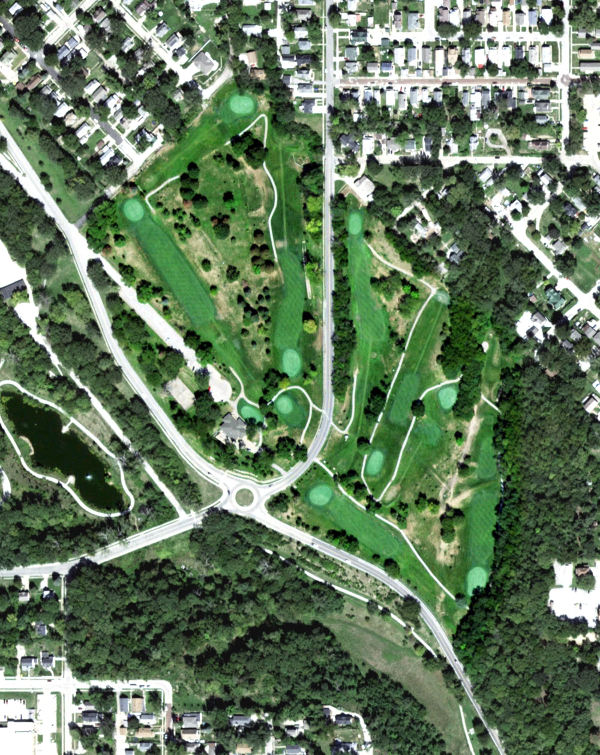 Aerial view of Spring Lake Golf Course, NE, with its hole routing marked