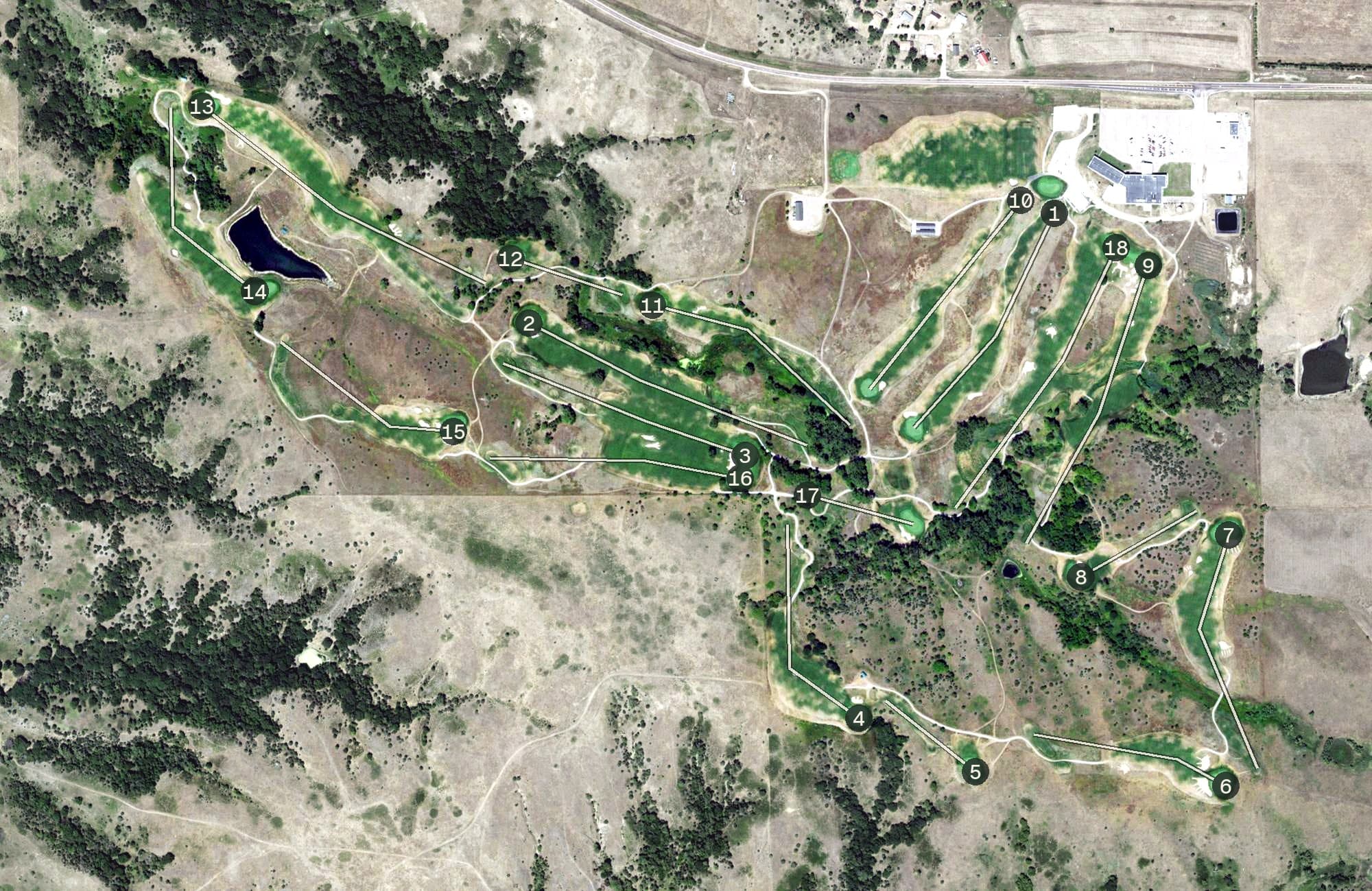 Aerial view of Tatanka Golf Club, NE, with its hole routing marked