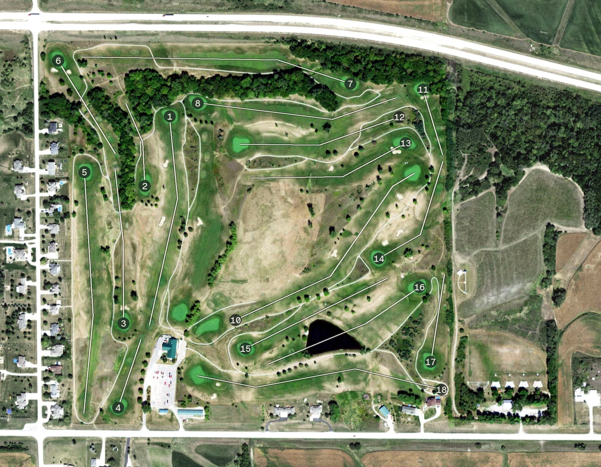 Aerial view of The Golf Club at Table Creek, NE, with its hole routing marked